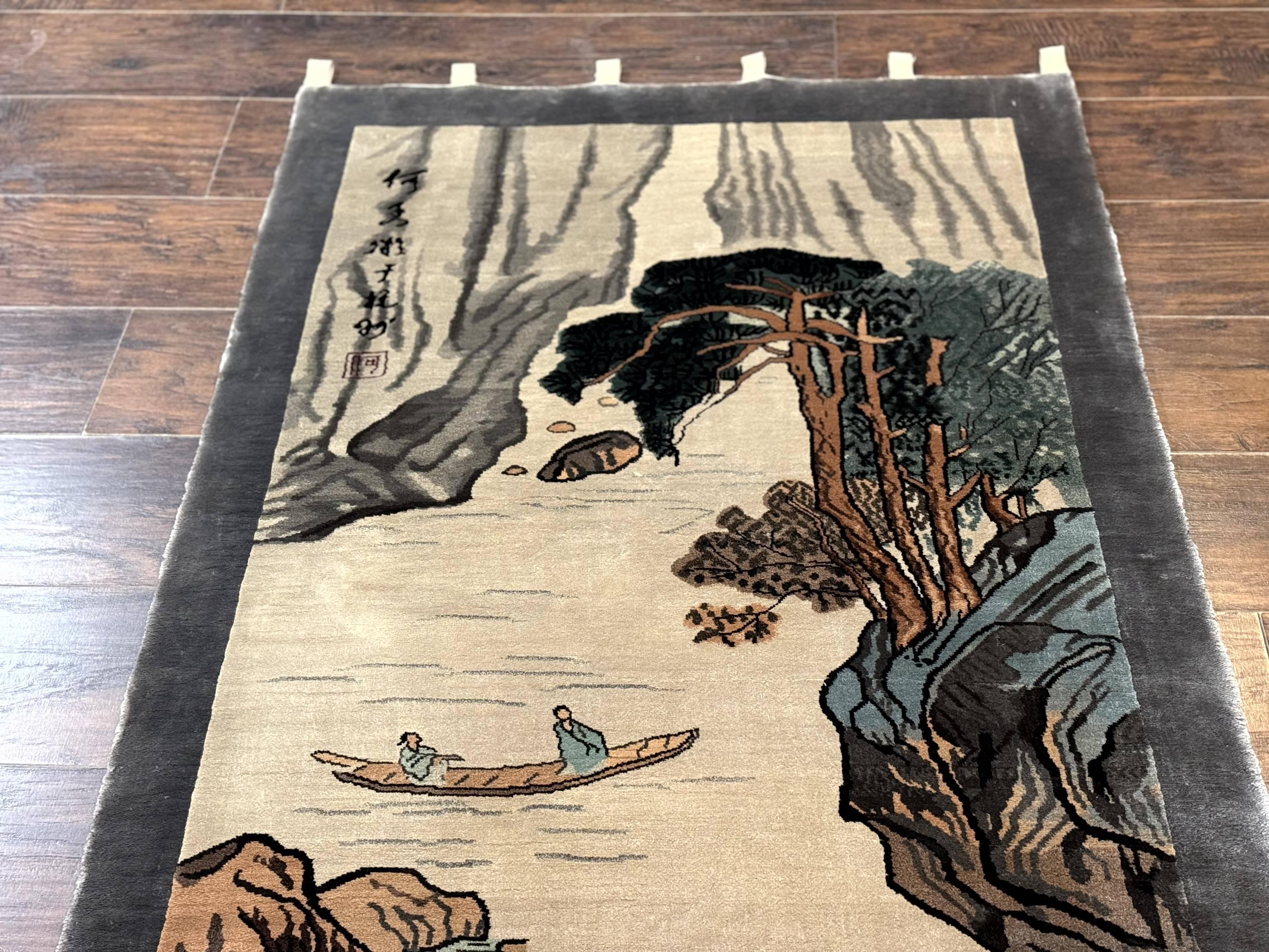 Chinese Silk Wall Hanging 3x5, Handmade, River and Boat Scene, Rug Tapestry
