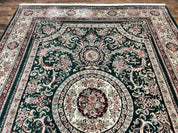 Pak Persian Rug 9x12, Dark Green and Cream, Floral Medallion, Elegant Handmade Wool Carpet 9 x 12