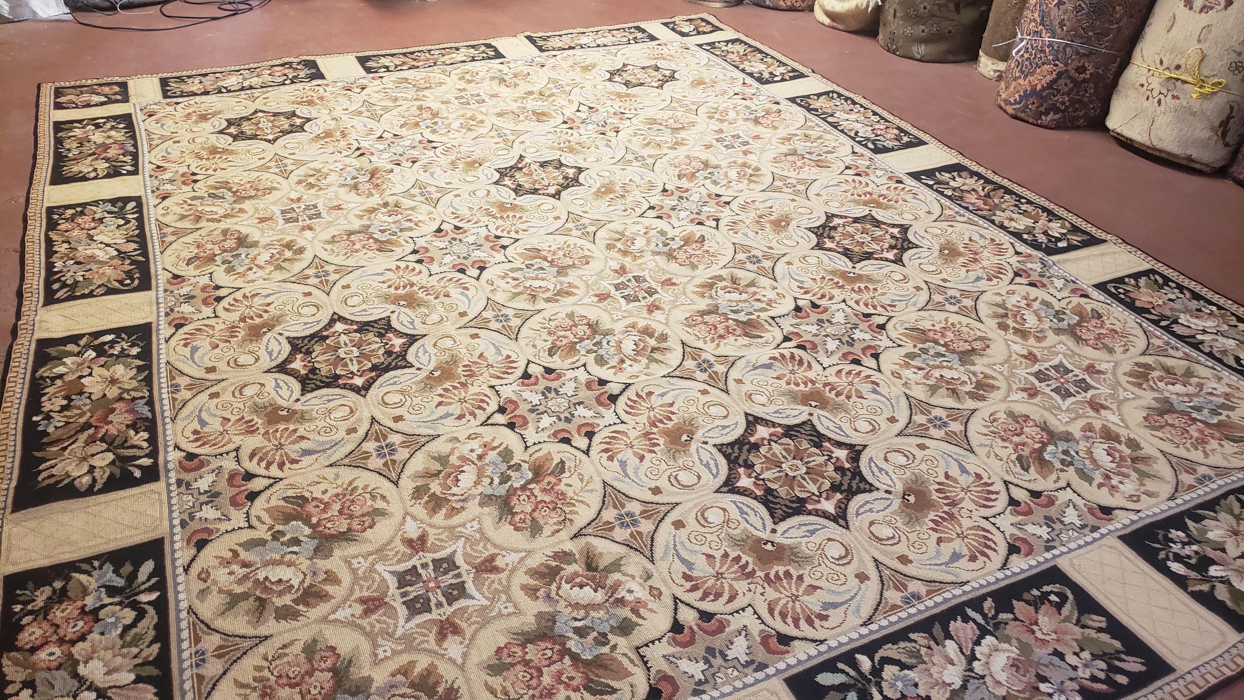 Needlepoint Rug 8x10ft Allover European Design Flowers 100% Wool Hand Knotted Aubusson Area Rug Brand New Flatweave Needle Point Carpet Chic