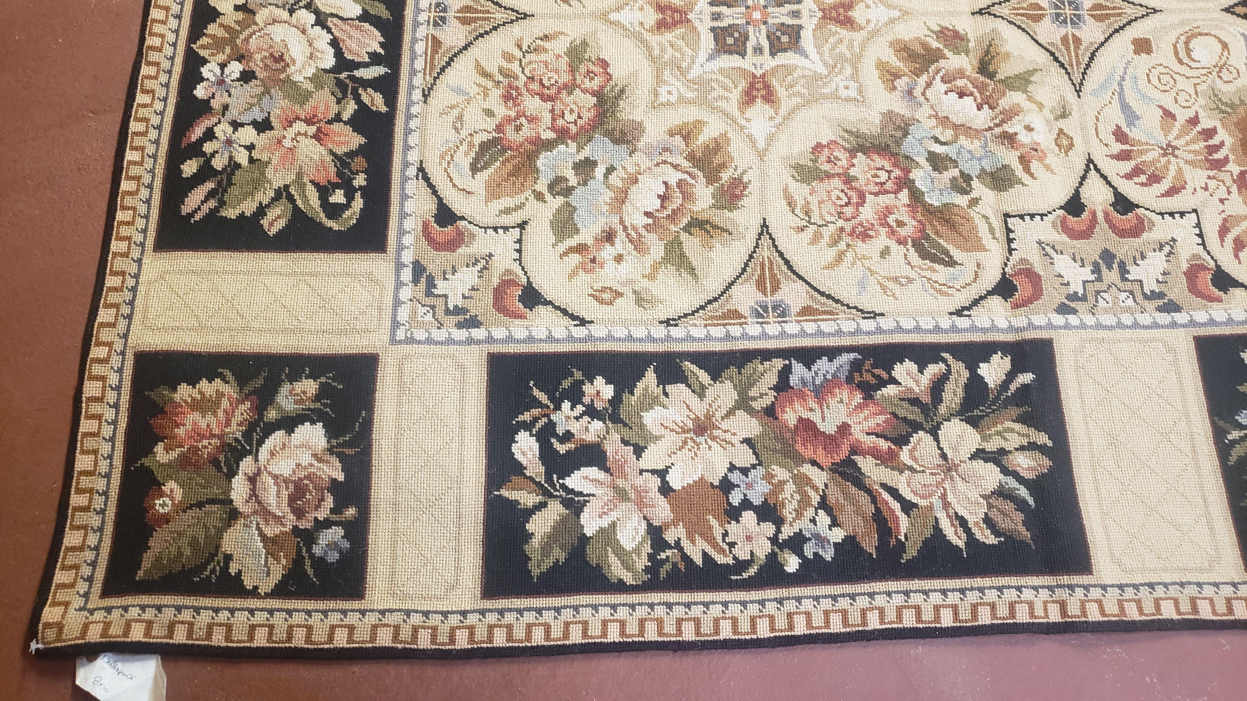 Needlepoint Rug 8x10ft Allover European Design Flowers 100% Wool Hand Knotted Aubusson Area Rug Brand New Flatweave Needle Point Carpet Chic