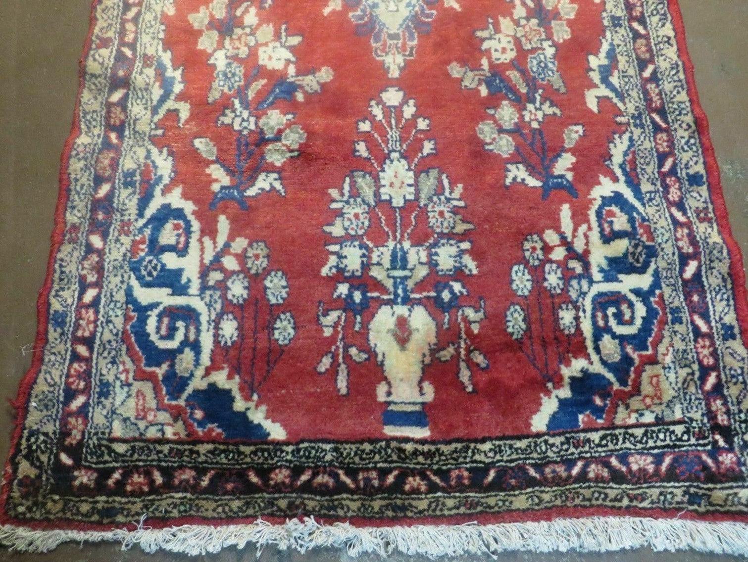 Persian Runner Rug 3 x 12, Antique Wool Oriental Runner, Floral Vases, Red & Navy Blue