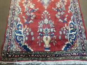 Persian Runner Rug 3 x 12, Antique Wool Oriental Runner, Floral Vases, Red & Navy Blue