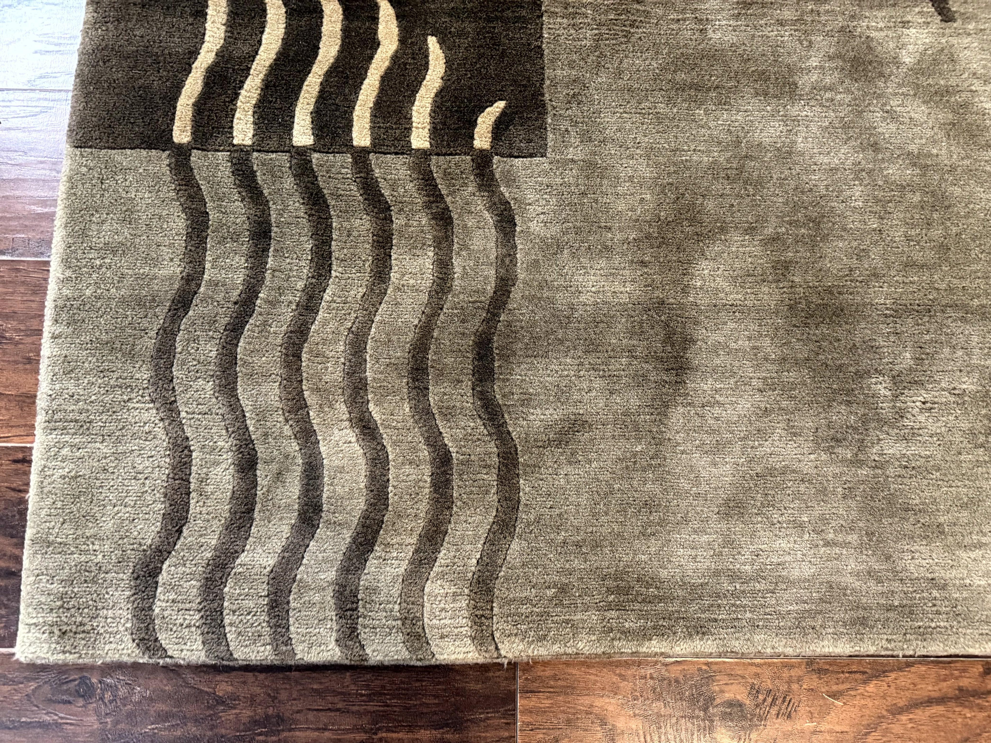 Modern Tibetan Wool Rug 3.6 x 5.6, Shades of Green, Abstract Design