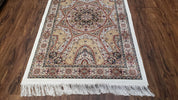 Persian Design Silk Accent Rug, Dome Medallion, Allover Pattern Oriental Carpet, Small Silk Rug, Cream, Ivory, Bamboo Silk, 2' 8" x 4' 1"