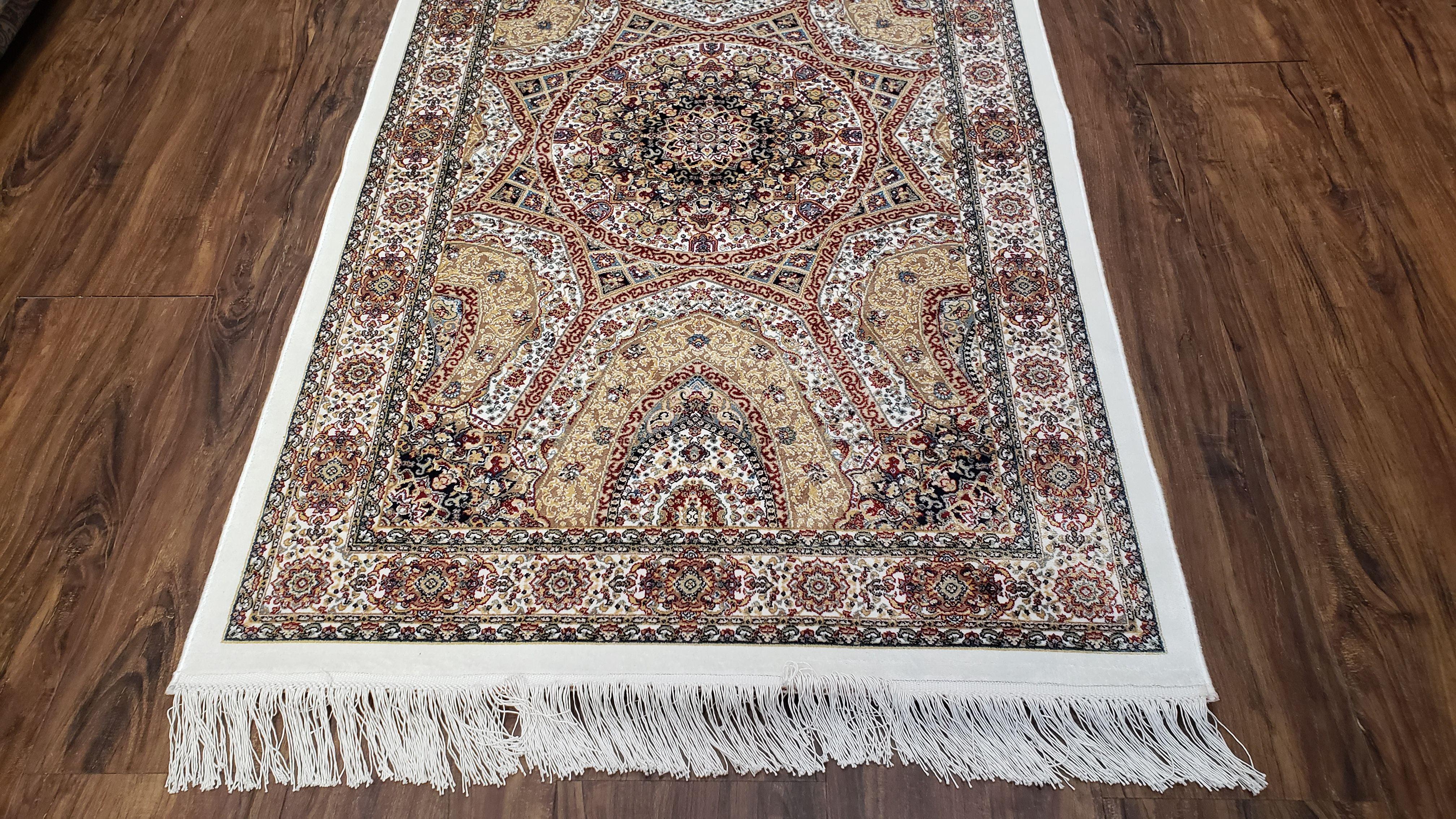 Persian Design Silk Accent Rug, Dome Medallion, Allover Pattern Oriental Carpet, Small Silk Rug, Cream, Ivory, Bamboo Silk, 2' 8" x 4' 1"