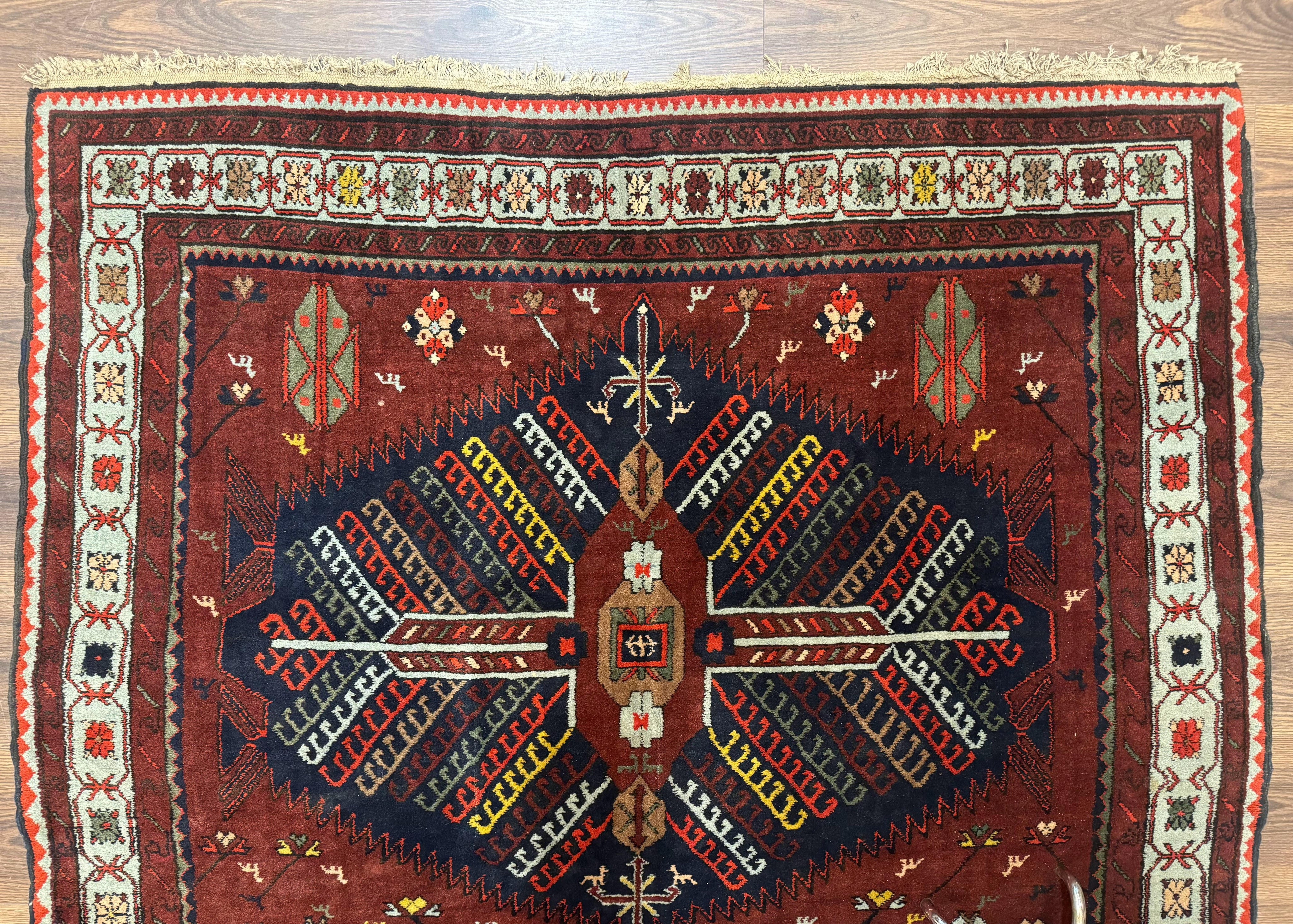 Antique Persian Tribal Rug 5 x 7.8, Triple Medallions, Red, Persian Afshar Rug