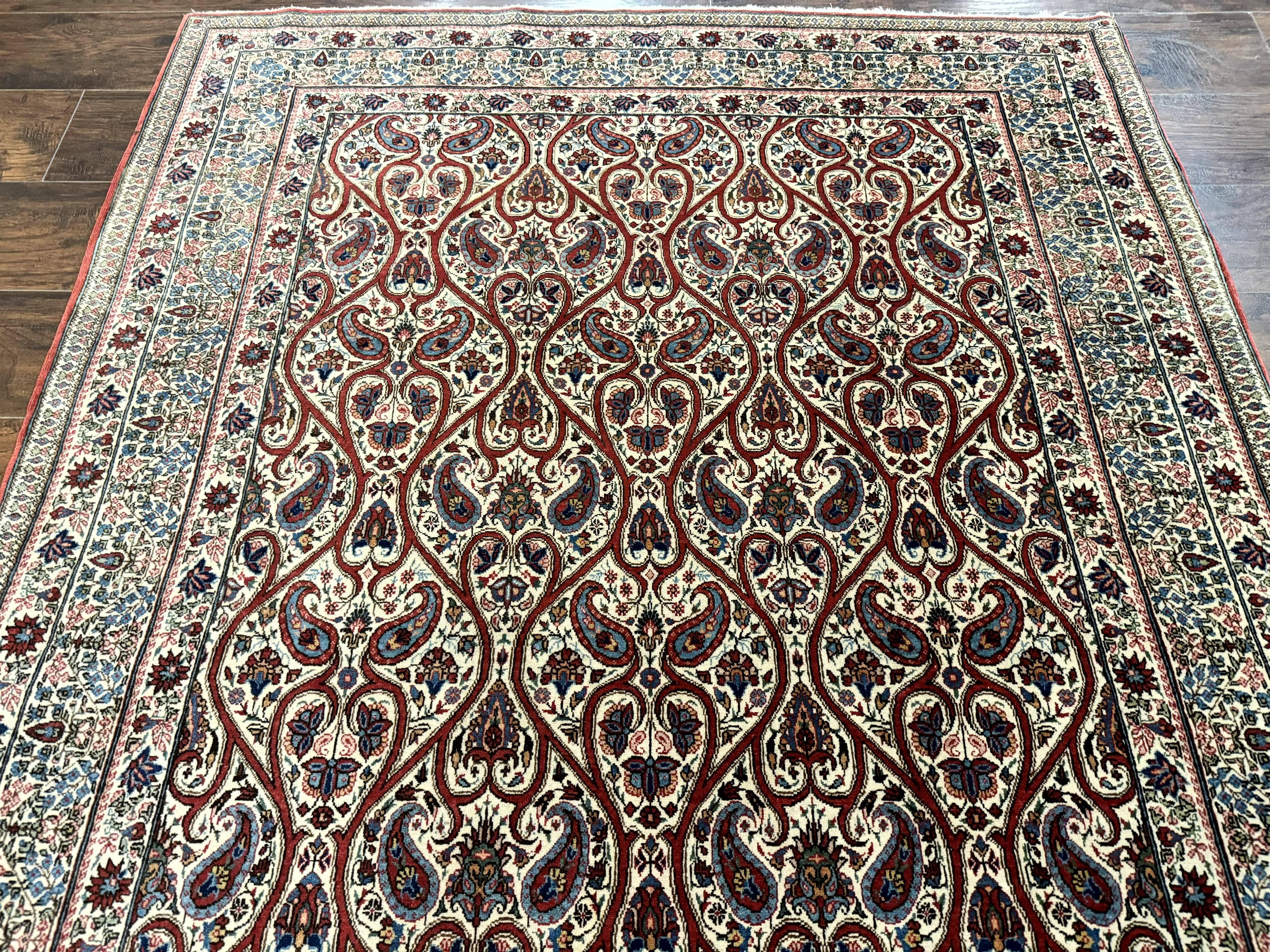 Unique Persian Qum Rug 5x7, Repeated Paisely Boteh Design, Ivory Red Blue, Handmade Antique Wool Persian Carpet, Finely Hand Knotted