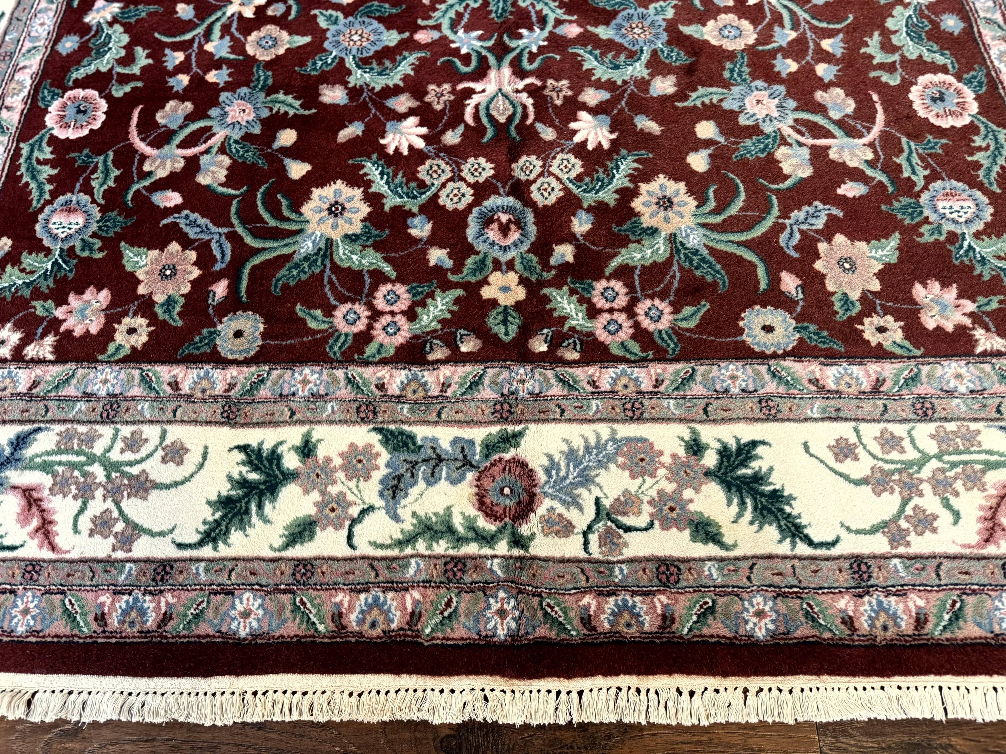 Indo Persian Rug 8x10, Red and Ivory, Floral Allover, Handmade Wool Area Rug