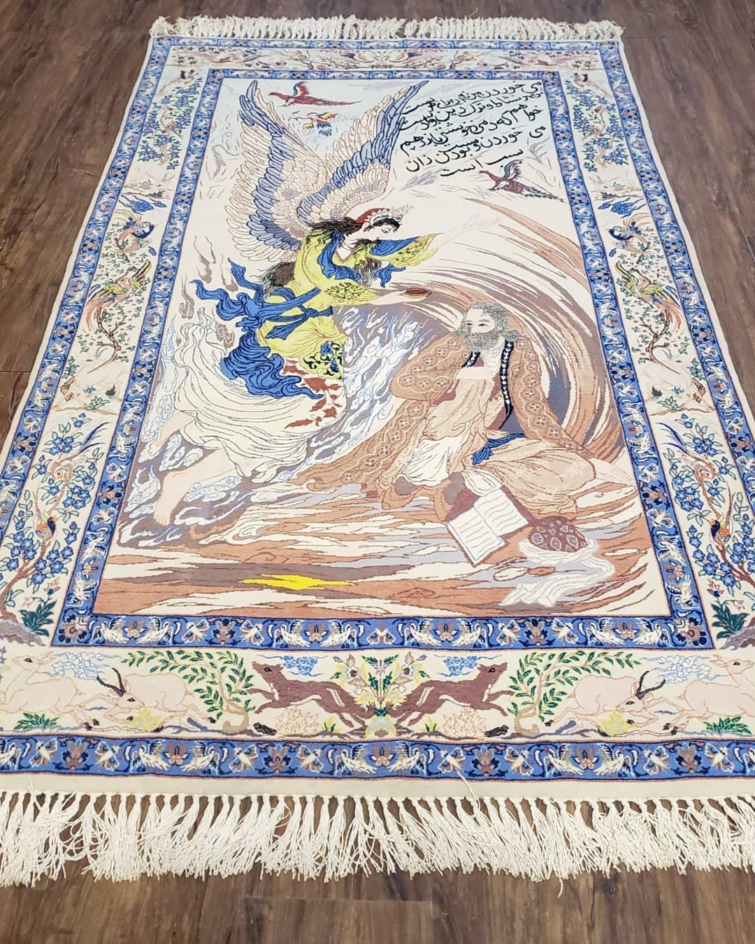 Semi Antique Persian Pictorial Rug 3'6" x 6", Angel Speaking to Prophet, Kork Wool on Silk Foundation, Detailed, Animals, Poetry, Wall Hanging Rug