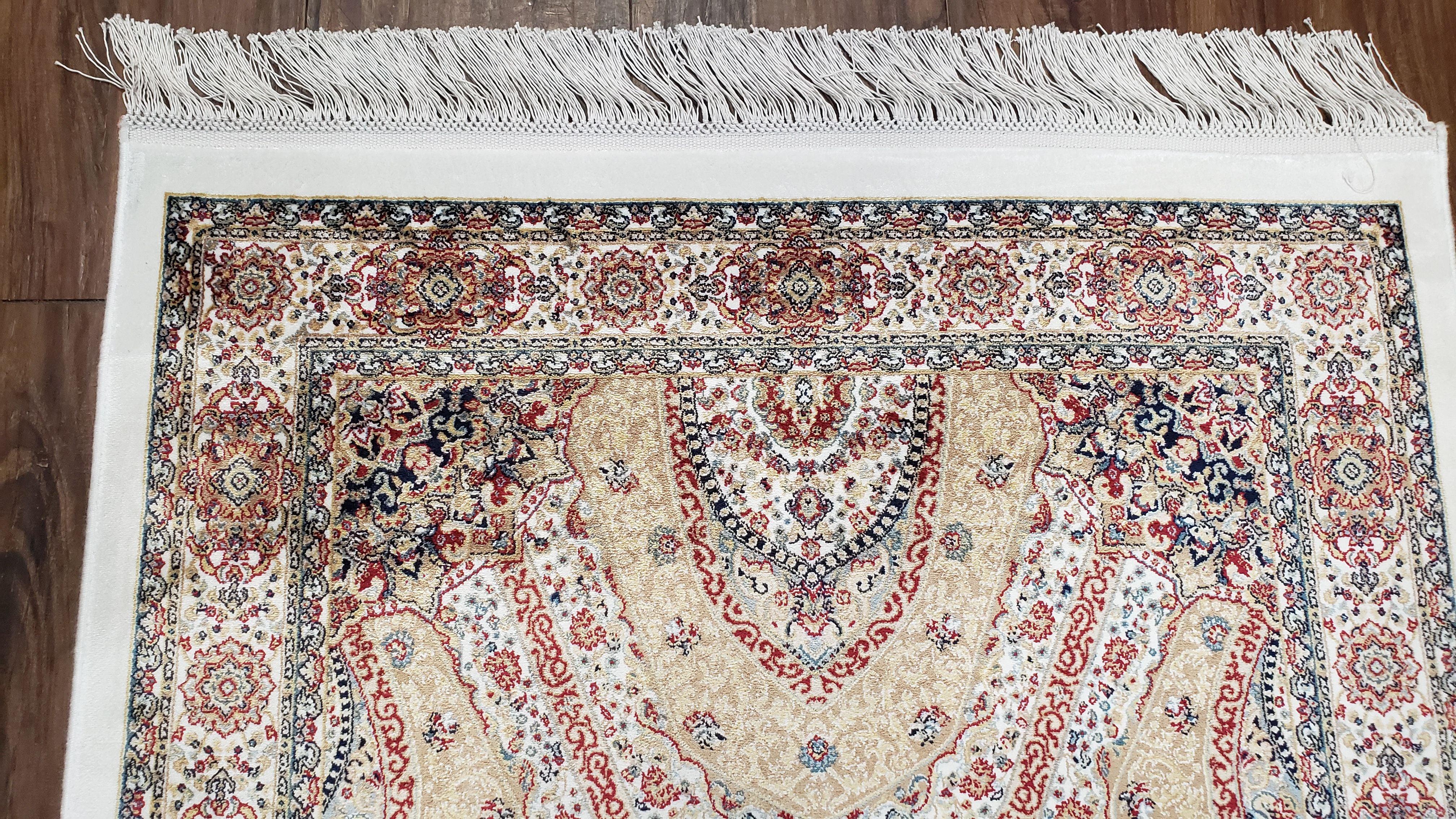 Persian Design Silk Accent Rug, Dome Medallion, Allover Pattern Oriental Carpet, Small Silk Rug, Cream, Ivory, Bamboo Silk, 2' 8" x 4' 1"