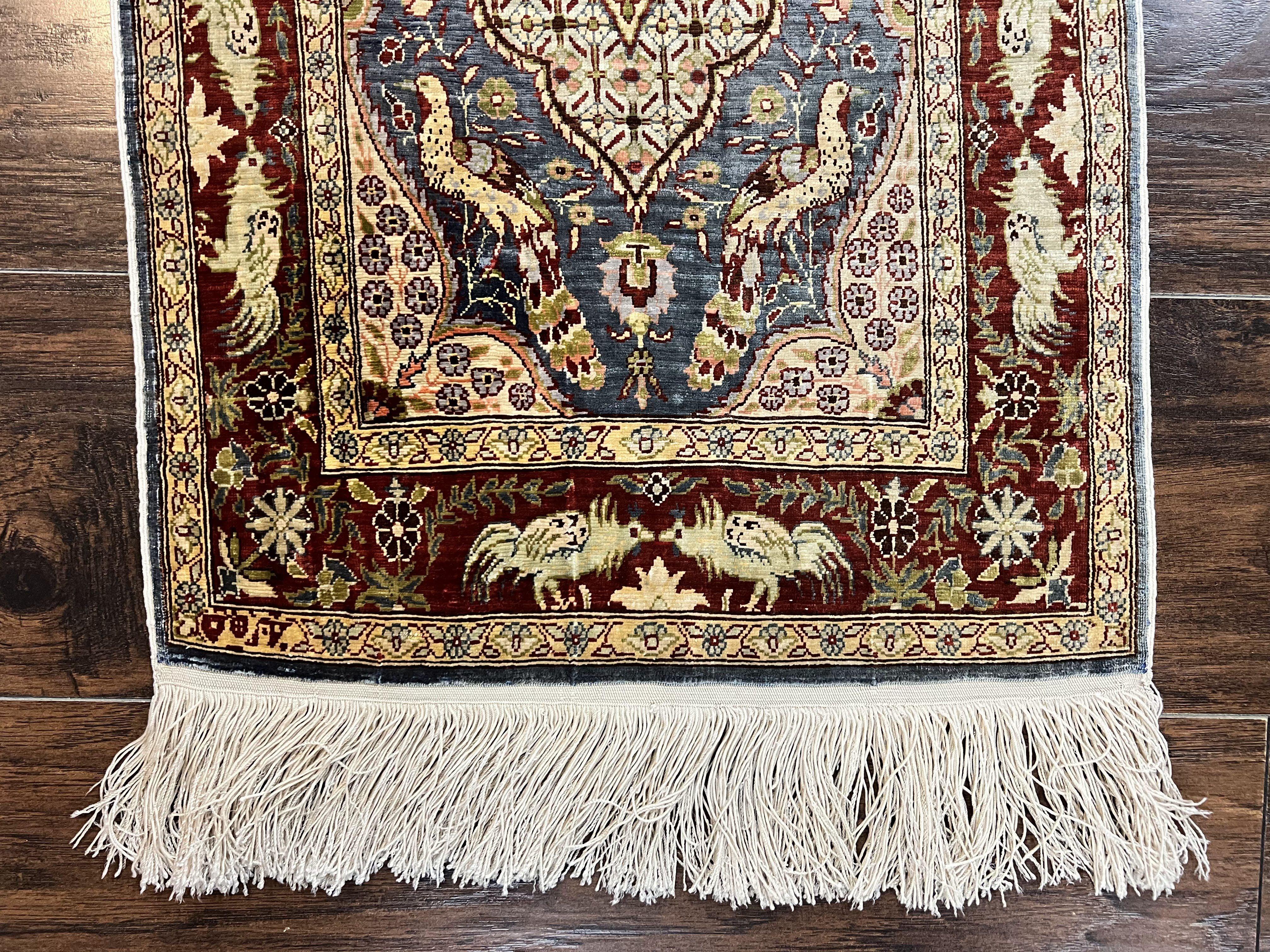 Silk Turkish Hereke Rug 2x3, Peacocks Birds, Signature from Master Weaver, Super Finely Hand Knotted 550 KPSI, Animal Pictorials