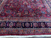 Palace Size Persian Mashad Rug 12x16, Raspberry and Navy Blue, Signature from Master Weaver, Antique Handmade Large Wool Carpet