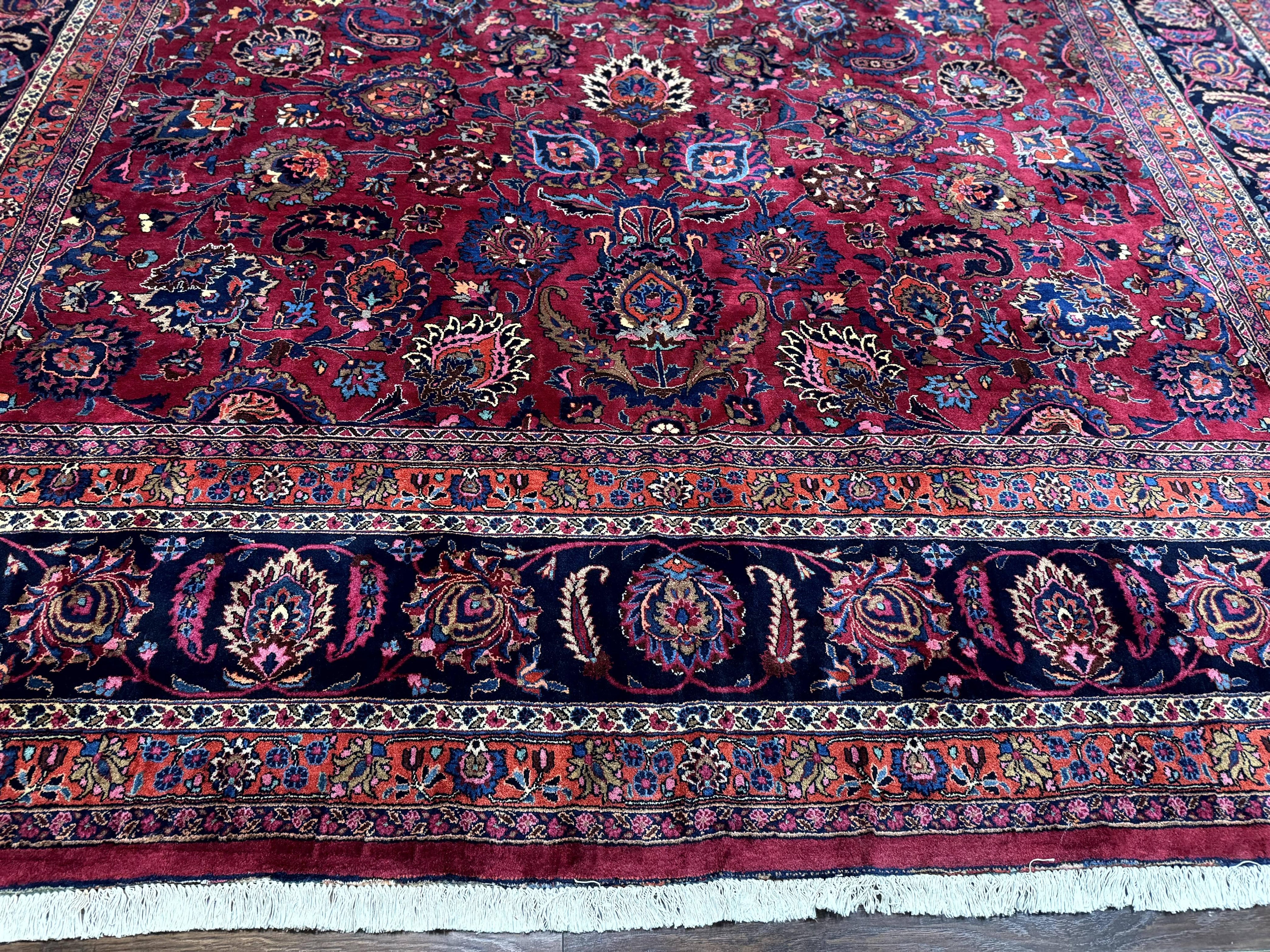 Palace Size Persian Mashad Rug 12x16, Raspberry and Navy Blue, Signature from Master Weaver, Antique Handmade Large Wool Carpet
