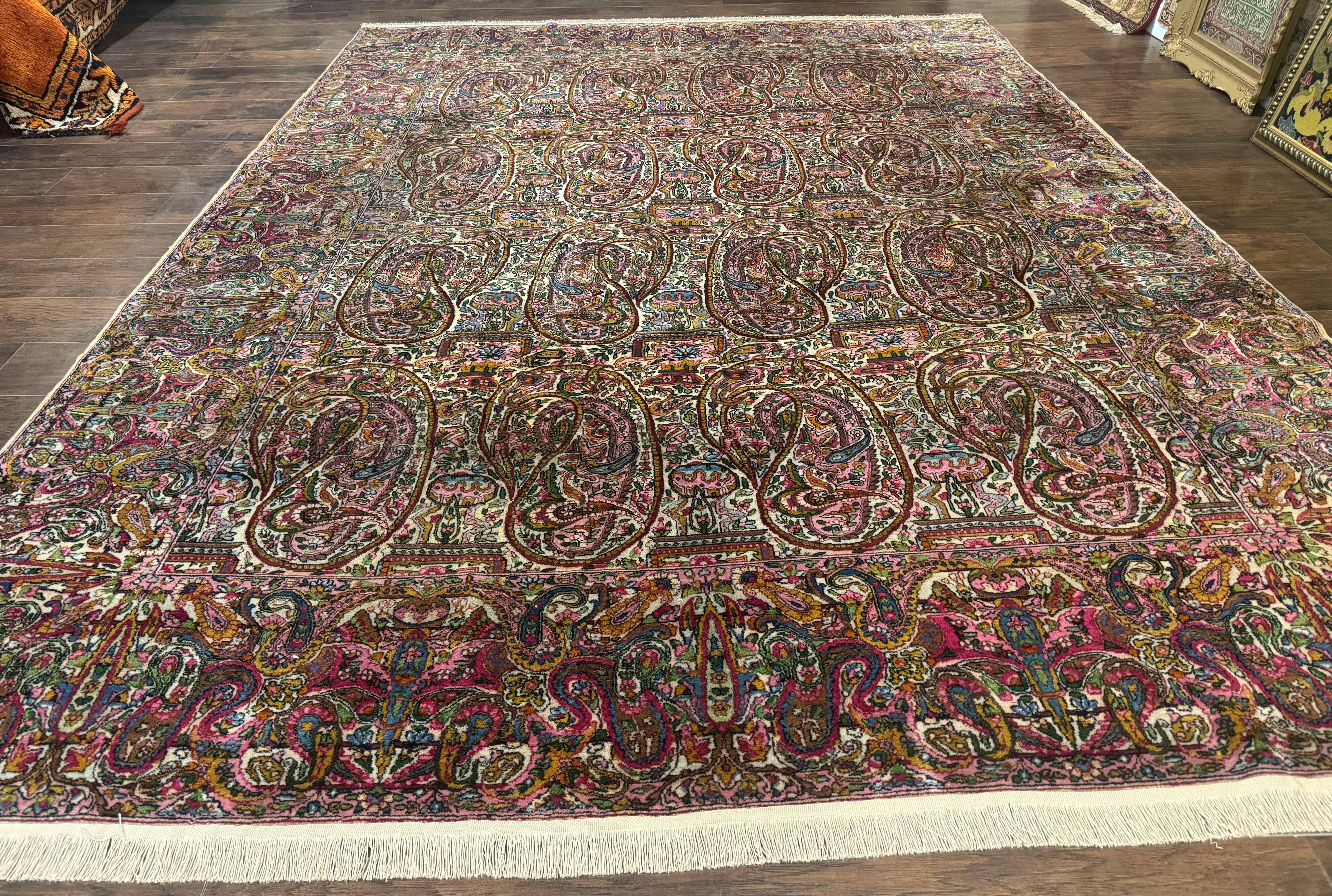 Rare Antique Persian Kerman Lavar Rug 9x12, Boteh Paisley Design