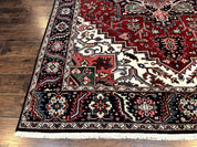 Indo Persian Heriz Rug 8x10, Geometric Medallion, Brick Red Ivory Navy Blue, Room Sized Heriz Carpet, Wool Rug