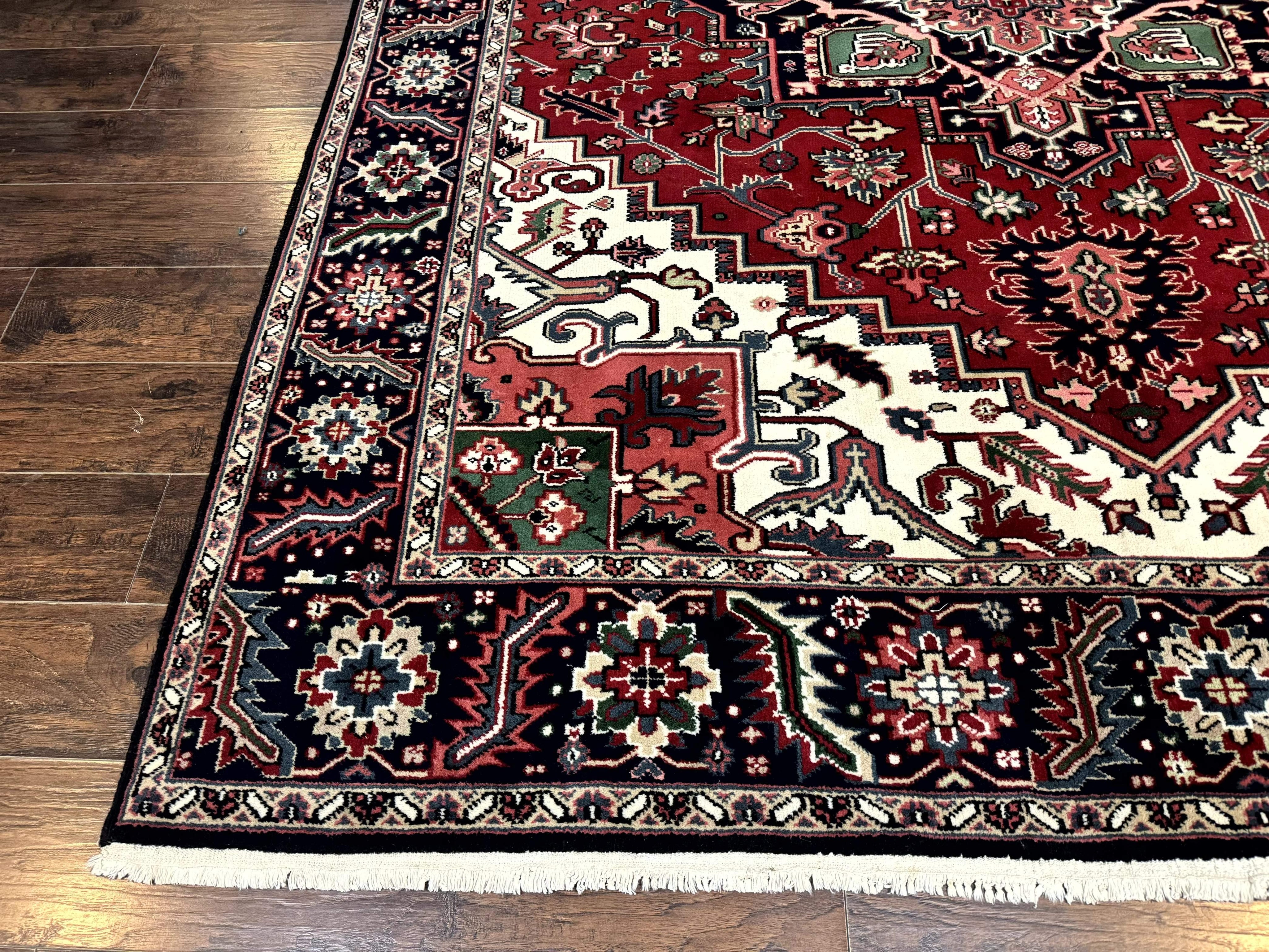 Indo Persian Heriz Rug 8x10, Geometric Medallion, Brick Red Ivory Navy Blue, Room Sized Heriz Carpet, Wool Rug