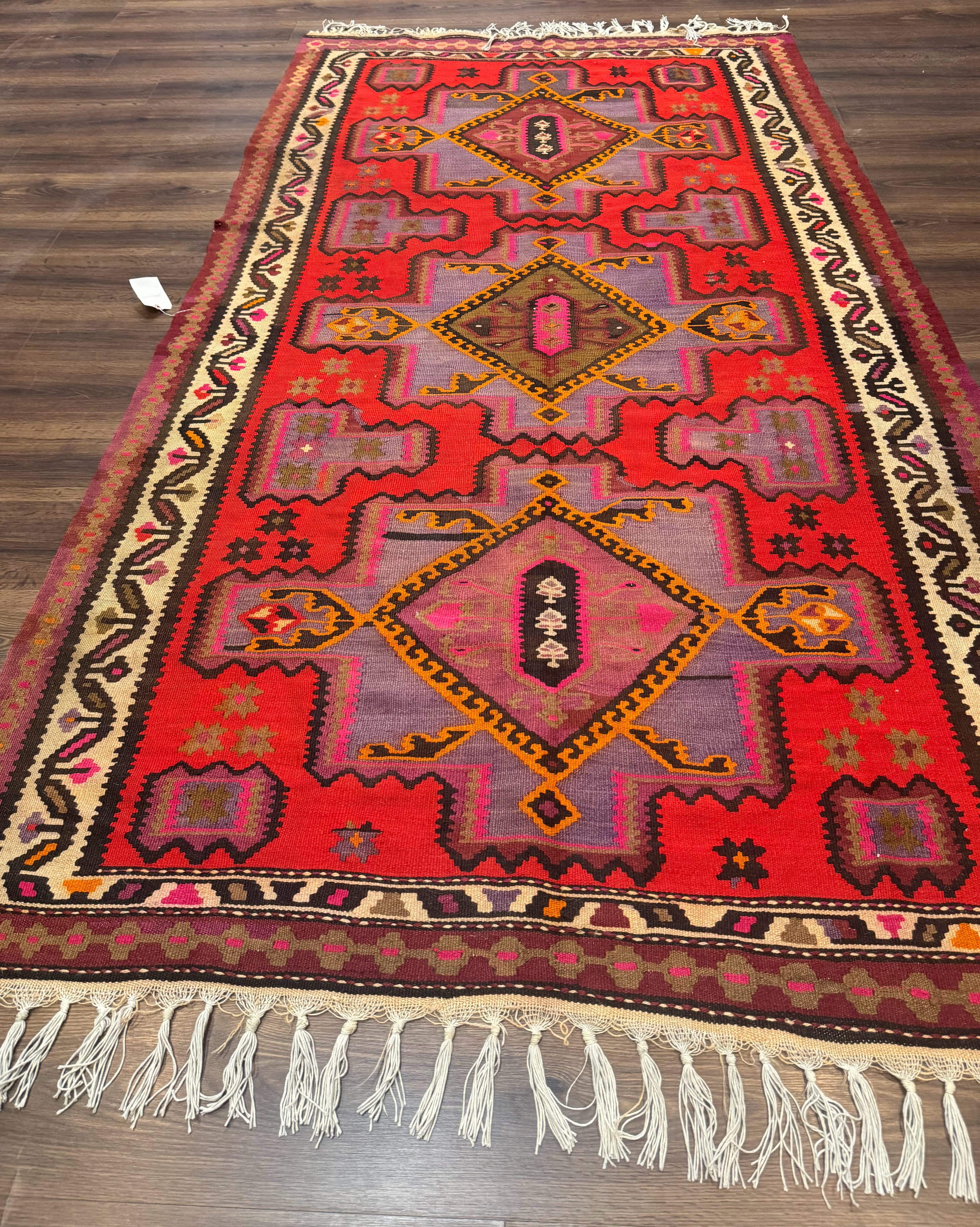 Persian Kurdish Zarand Kilim Rug 5x9, Red, Geometric Medallions, Wide Runner
