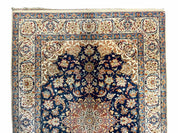 Persian Isfahan Rug 4x5, Navy Blue & Ivory, Wool and Silk Highlights