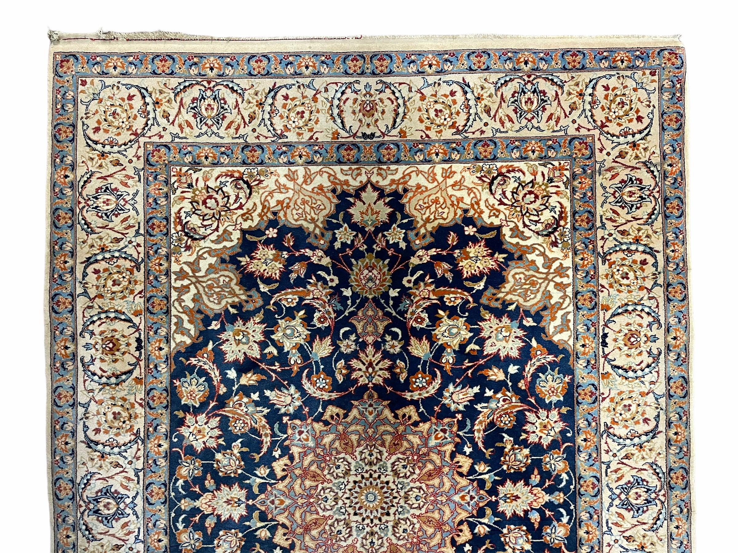 Persian Isfahan Rug 4x5, Navy Blue & Ivory, Wool and Silk Highlights