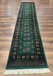 Pakistani Bokhara Runner Rug 2.5 x 11, Green Turkoman Wool Runner for Hallway