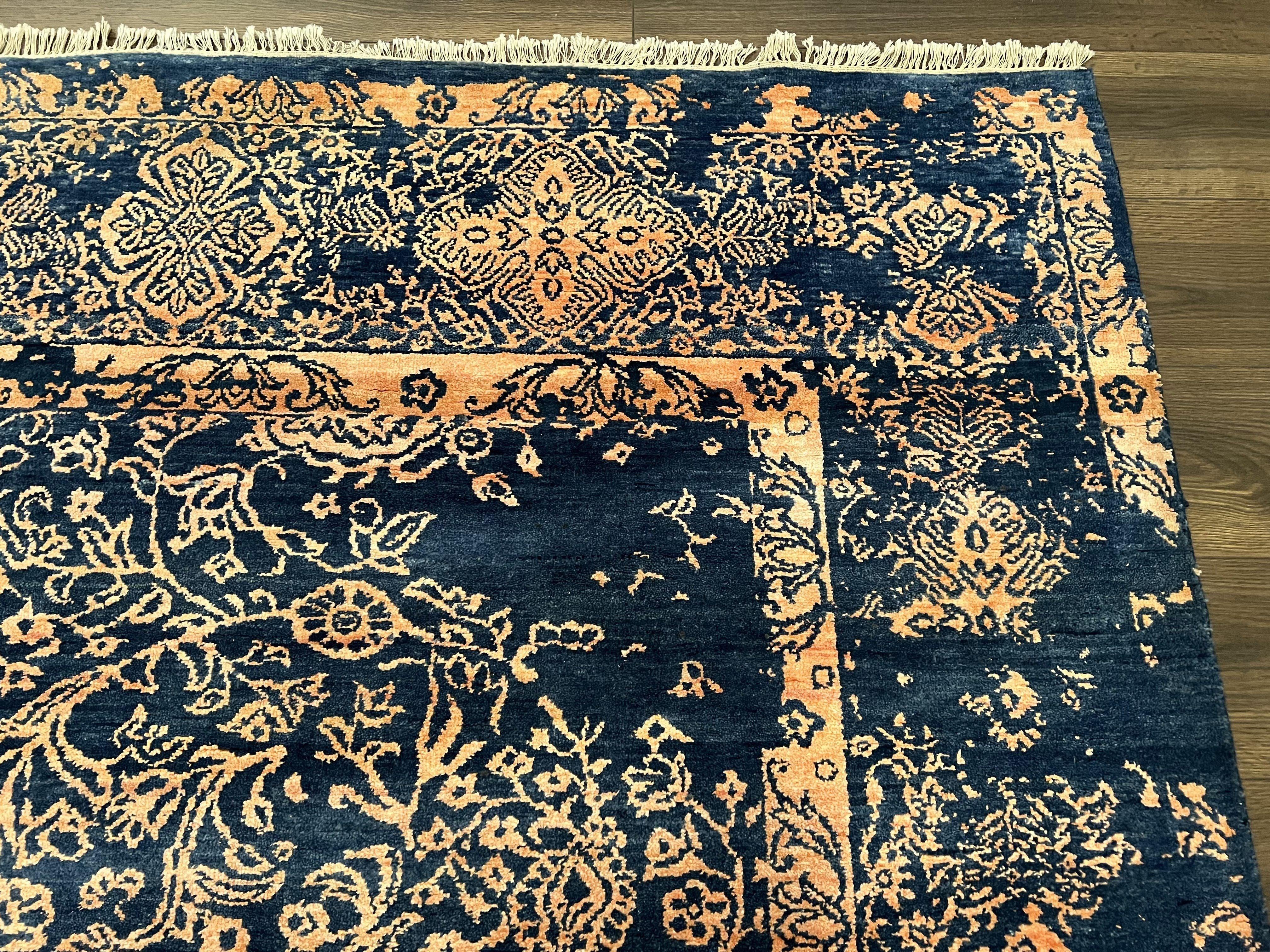 Area Rug 8x10 High Quality Handmade Oriental Carpet, Modern Contemporary Rug, Rug for Living Room, Wool Rug, Blue and Gold, Pakistani Rug