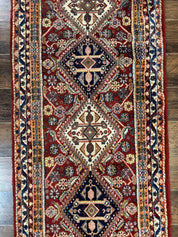 Antique Persian Qashqai Runner Rug 3 x 13 ft, Tribal Runner, Geometric Medallions, Red Ivory Blue, Wool