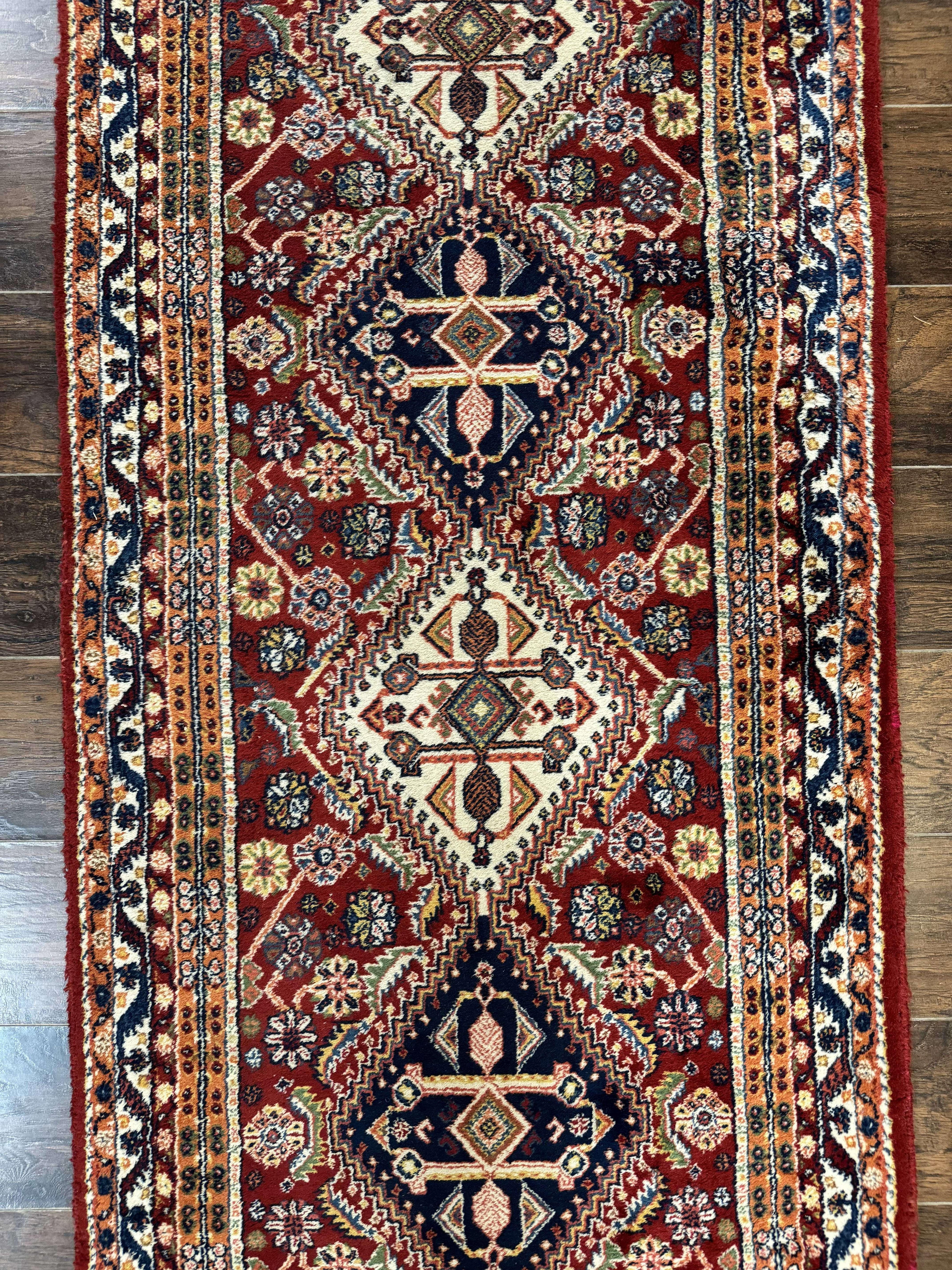 Antique Persian Qashqai Runner Rug 3 x 13 ft, Tribal Runner, Geometric Medallions, Red Ivory Blue, Wool