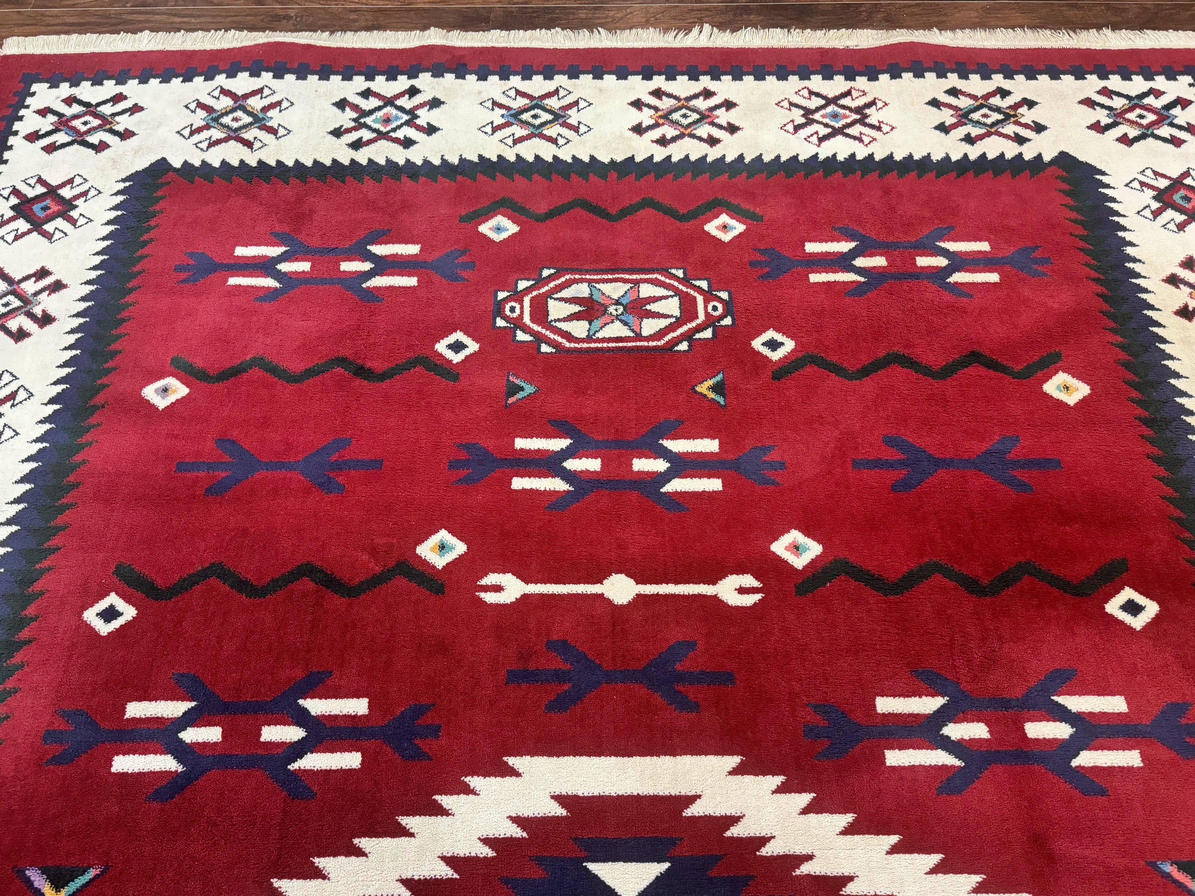 Belgium Power Loomed Rug 8x11, Navajo Native American Design, Dark Red and Ivory, Tribal Rug, Bohemian Carpet