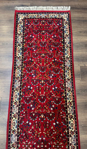 Indo Persian Sarouk Runner Rug 3 x 12, Red and Cream, Allover Pattern, 12ft Runner, Hand Knotted