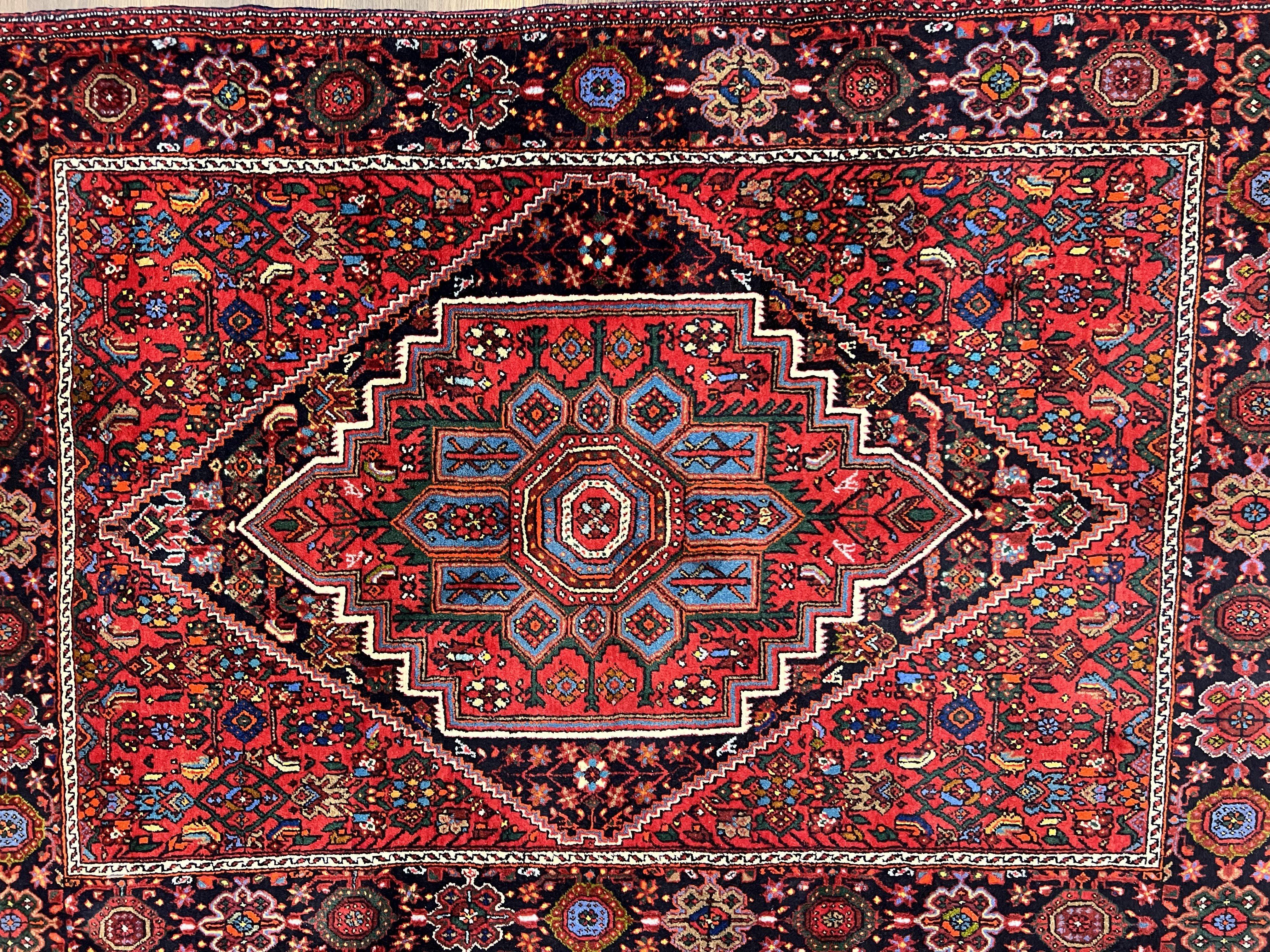 Fine Persian Bidjar Rug 3x5 ft, Ruby Red and Black, Geometric Medallion, Hand Knotted Semi Antique Oriental Bijar Carpet, Wool Area Rug, Tribal Rug