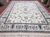 Ivory & Teal Indo Persian Area Rug 9x12, Wool Hand-Knotted Oriental Carpet, 9 x 12 Soft Traditional Living Room Rug, Dining Room Rug