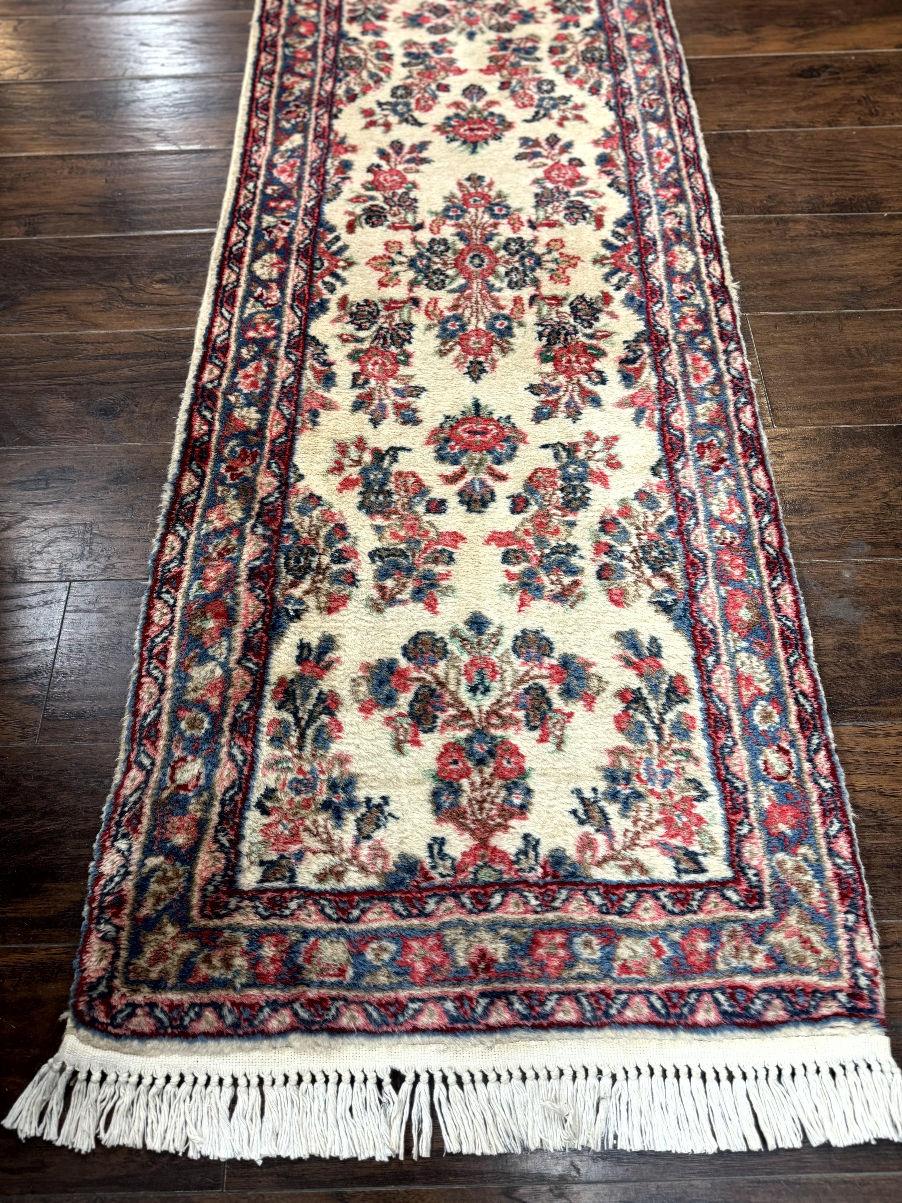 Persian Sarouk Runner Rug 2.4 x 21, Handmade Wool Floral Runner Rug for Hallway, 21ft Runner, Ivory