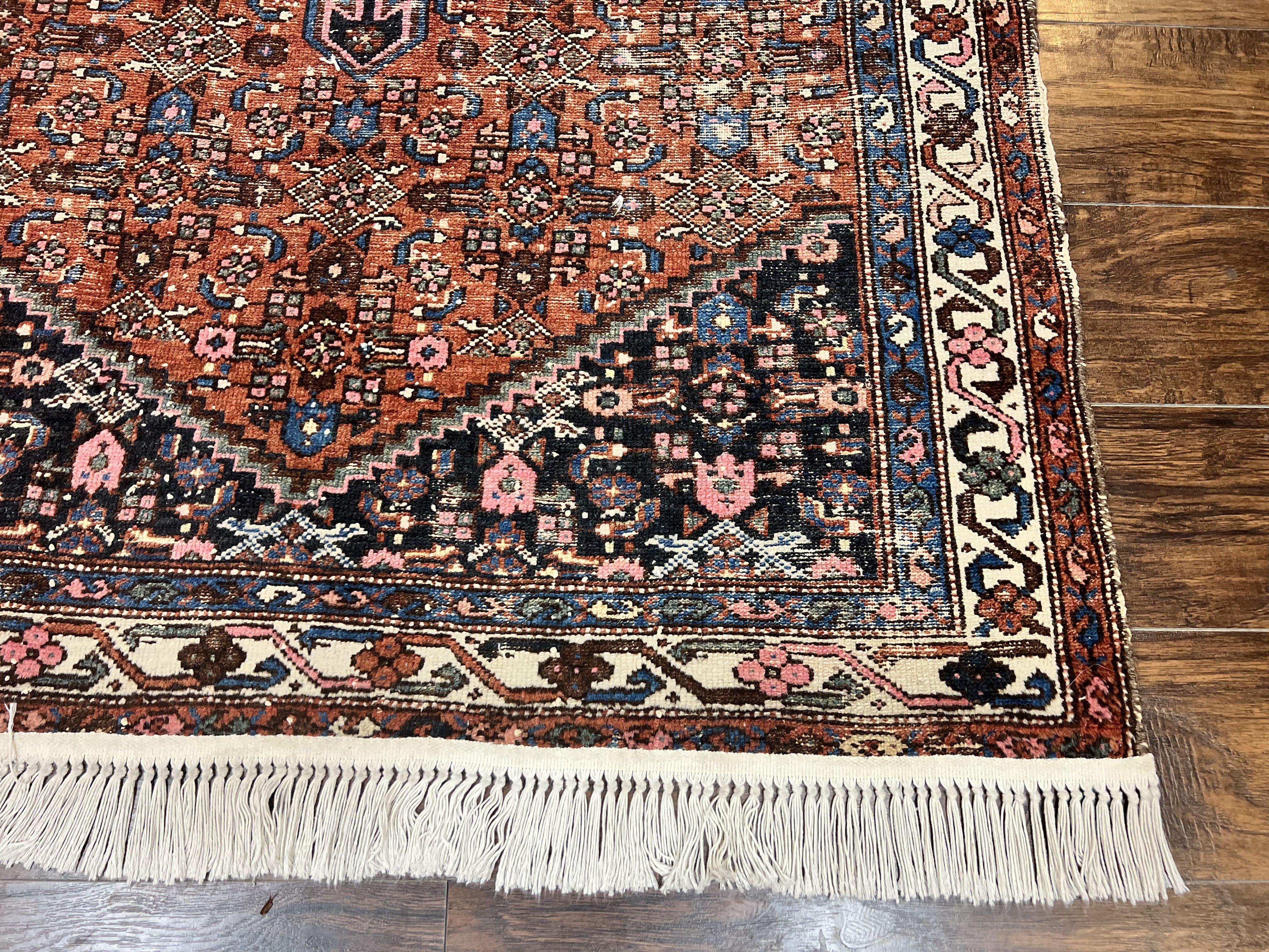 Red Persian Hamadan Rug 4x6, Wool Handmade Antique Carpet, Geometric Medallion Rug, Oriental Rug 4 x 6, Persian Tribal Rug, Hand Knotted Rug