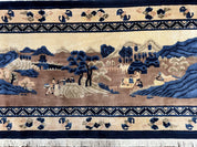 Antique Chinese Pictorial Rug 2.7 x 5, Chinese Village and Hills Carpet, Beige and Dark Blue, Handmade, Horizontal Rug Wall Hanging Tapestry
