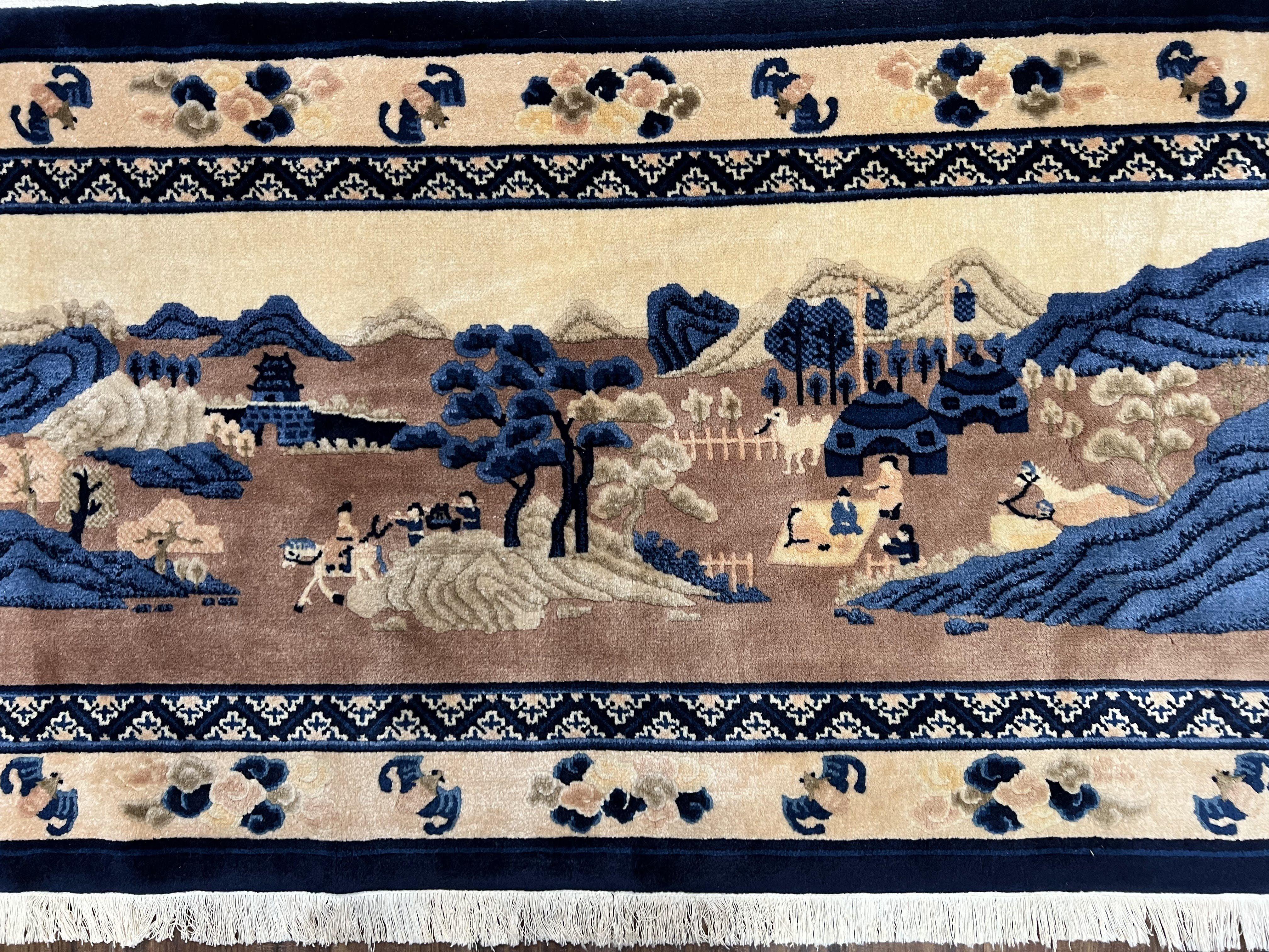 Antique Chinese Pictorial Rug 2.7 x 5, Chinese Village and Hills Carpet, Beige and Dark Blue, Handmade, Horizontal Rug Wall Hanging Tapestry