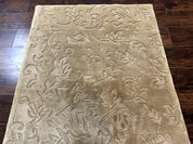 Modern Tibetan Rug 3.7 x 5.5, Carved Floral Design, Wool and Silk Highlights