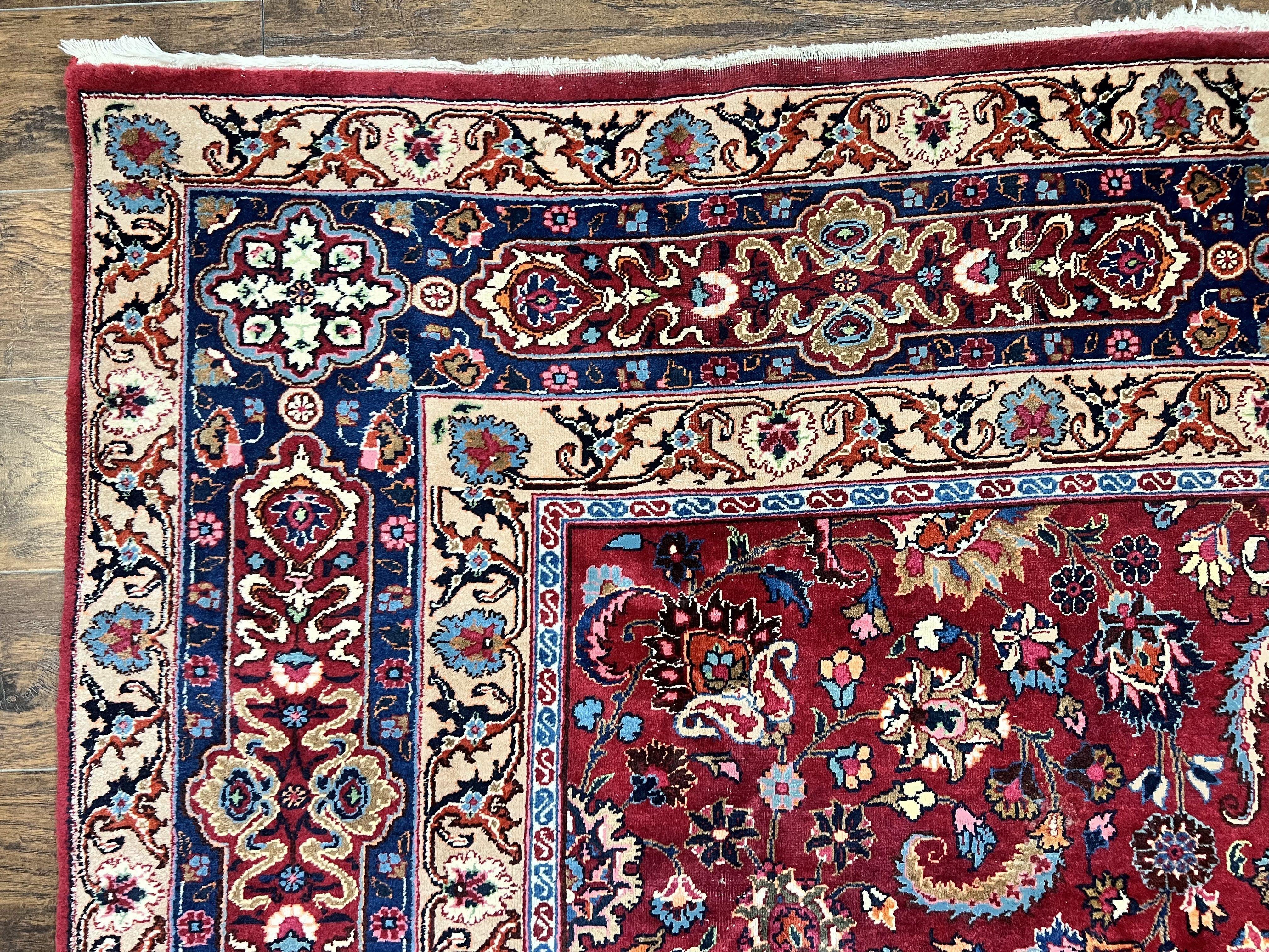 Signed Persian Mashad Rug 8x10, Wool Oriental Carpet, Semi Antique Rug, Hand Knotted, Traditional, Red, Floral Allover,