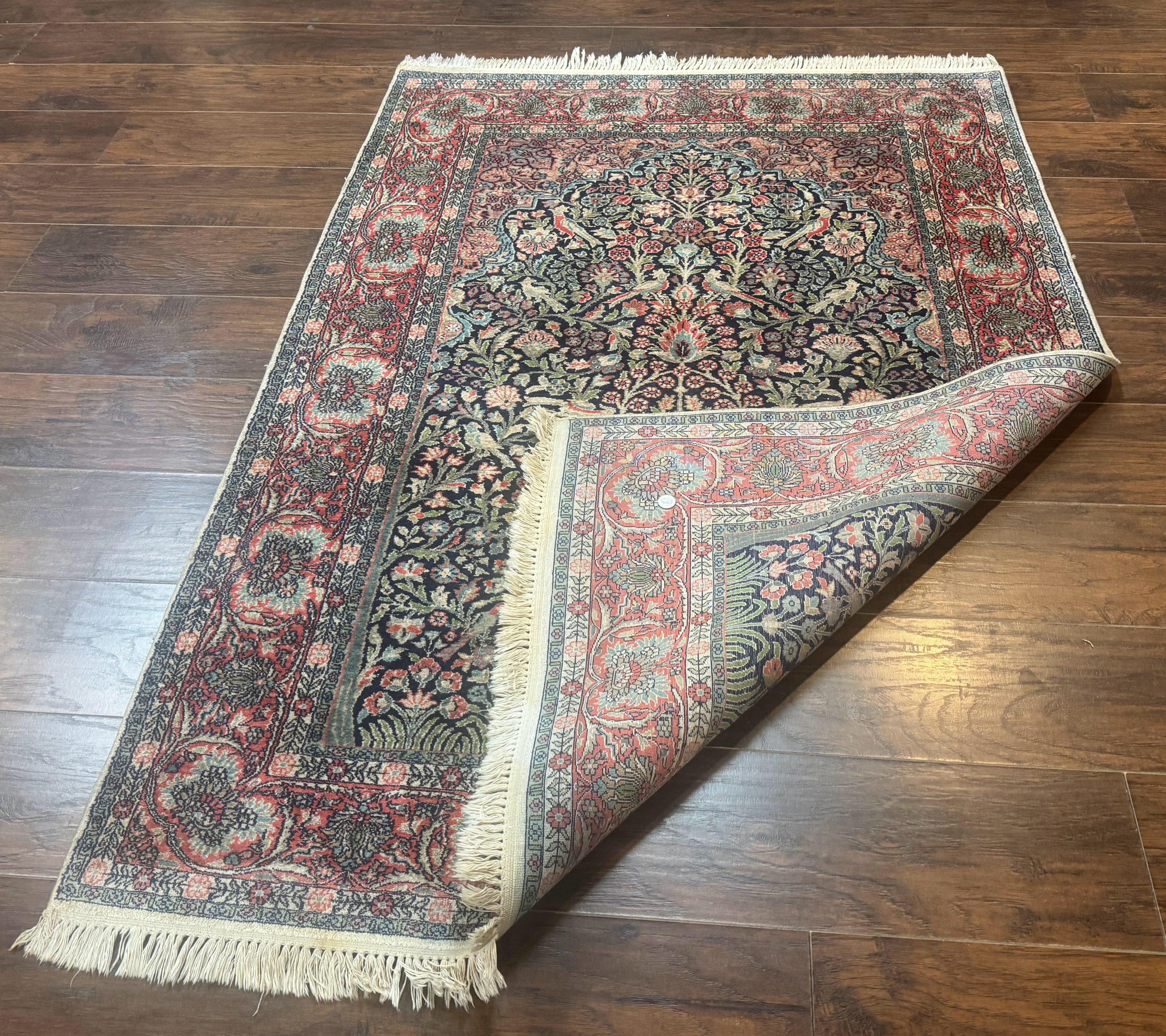 Silk Indian Kashmiri Rug 4x6, Tree of Life Pattern, Birds, Fine 290 KPSI, Navy Blue and Red, Handmade Oriental Carpet