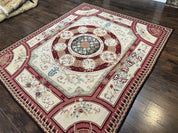 Needlepoint Rug 7.9 x 9, Beige Maroon Rose, Handmade Handwoven Flatweave Aubusson Savonnerie French European Elegant Carpet, Wool Rug
