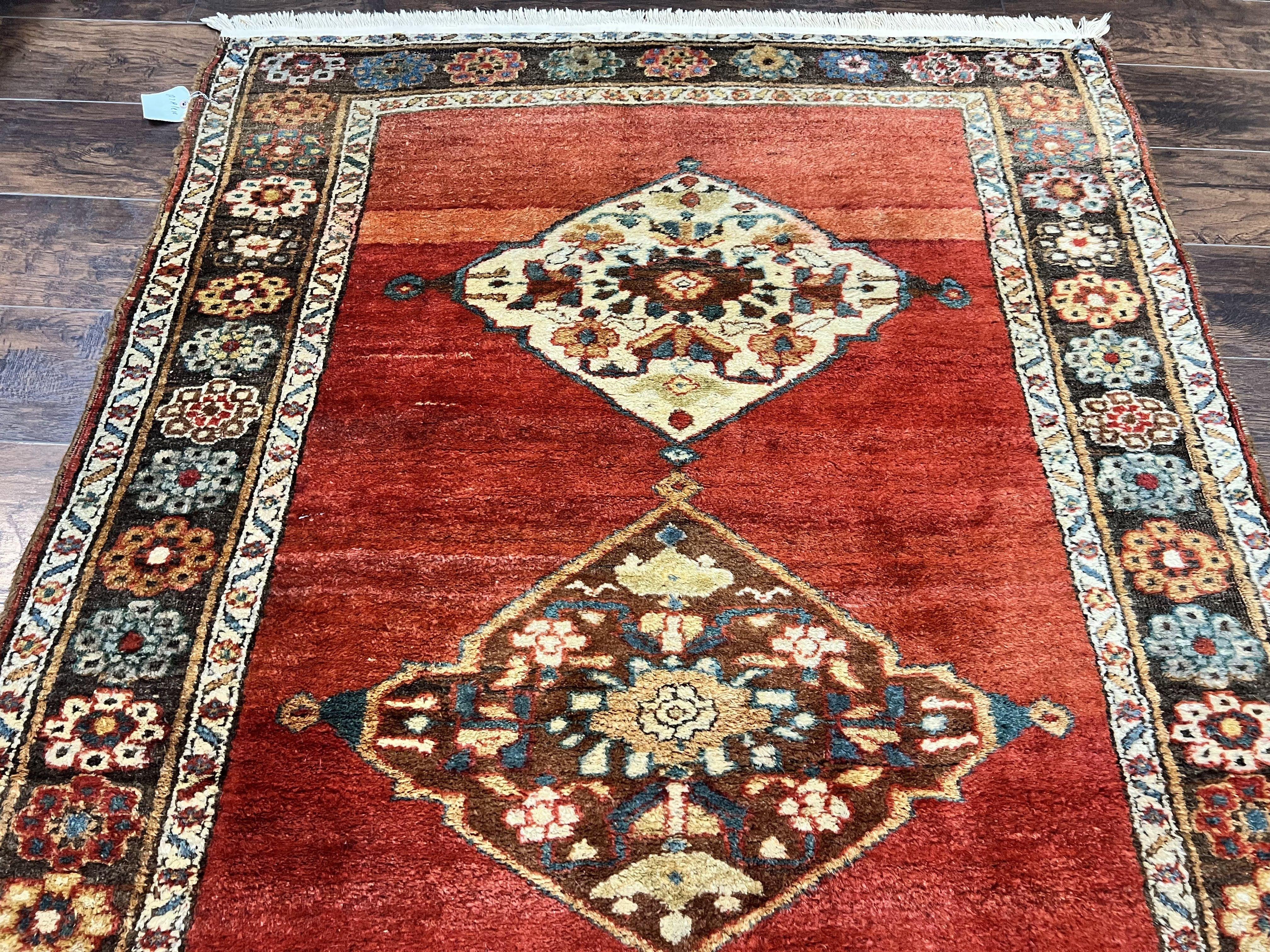 Antique Persian Bidjar Rug 4x8, Triple Medallions, Handmade Oriental Carpet, 1920s Rug, Wool Rug, Red