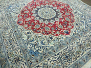Square Persian Nain Rug 6'3" x 6' 8", Hand-Knotted, Wool with Silk Accents, Ivory Red Blue