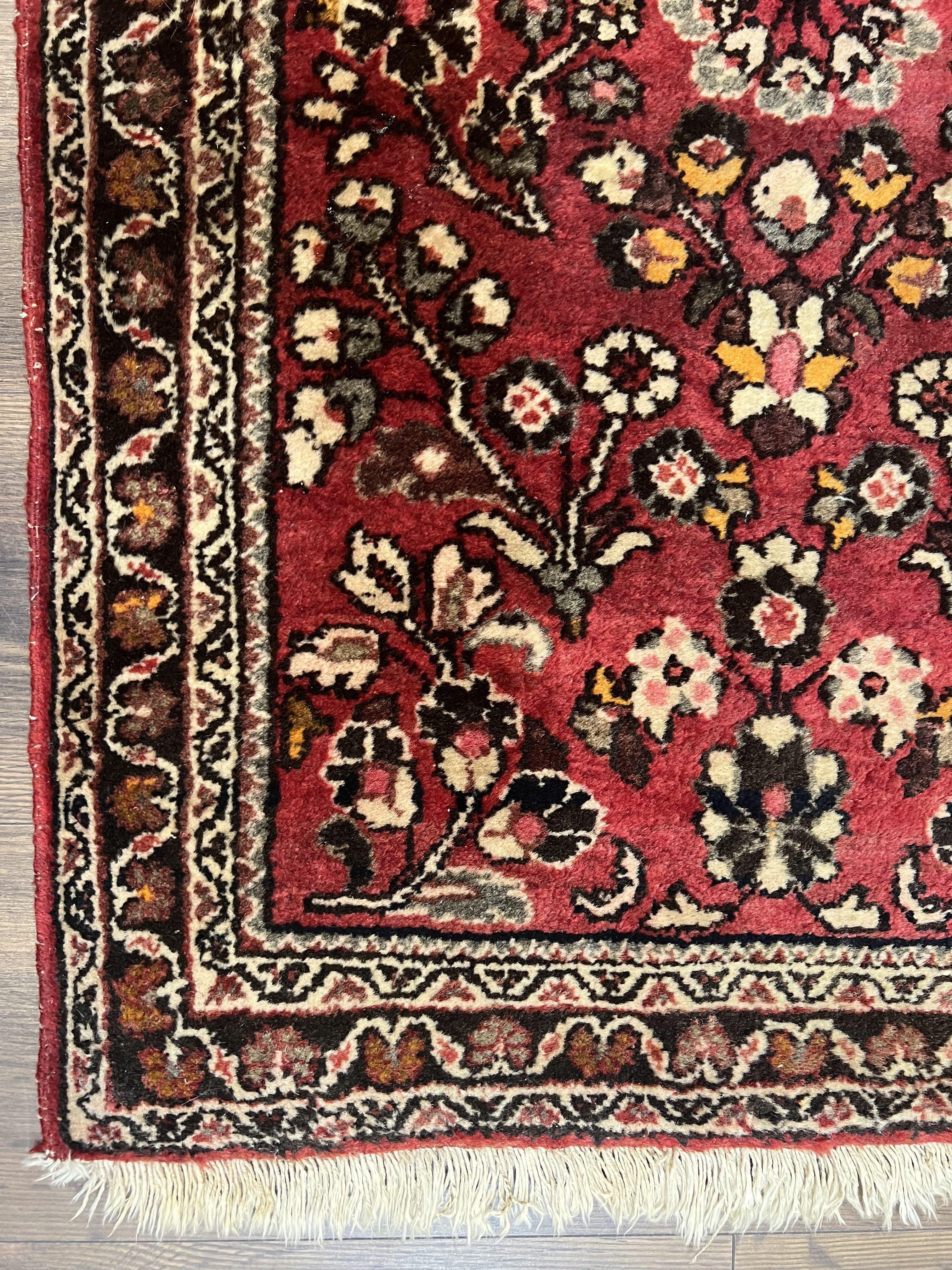 Small Persian Sarouk Rug 2x4 ft, Allover Floral Pattern, Red Black Cream, Hand Knotted Wool Traditional Oriental Carpet, Antique Persian Rug 2 x 4