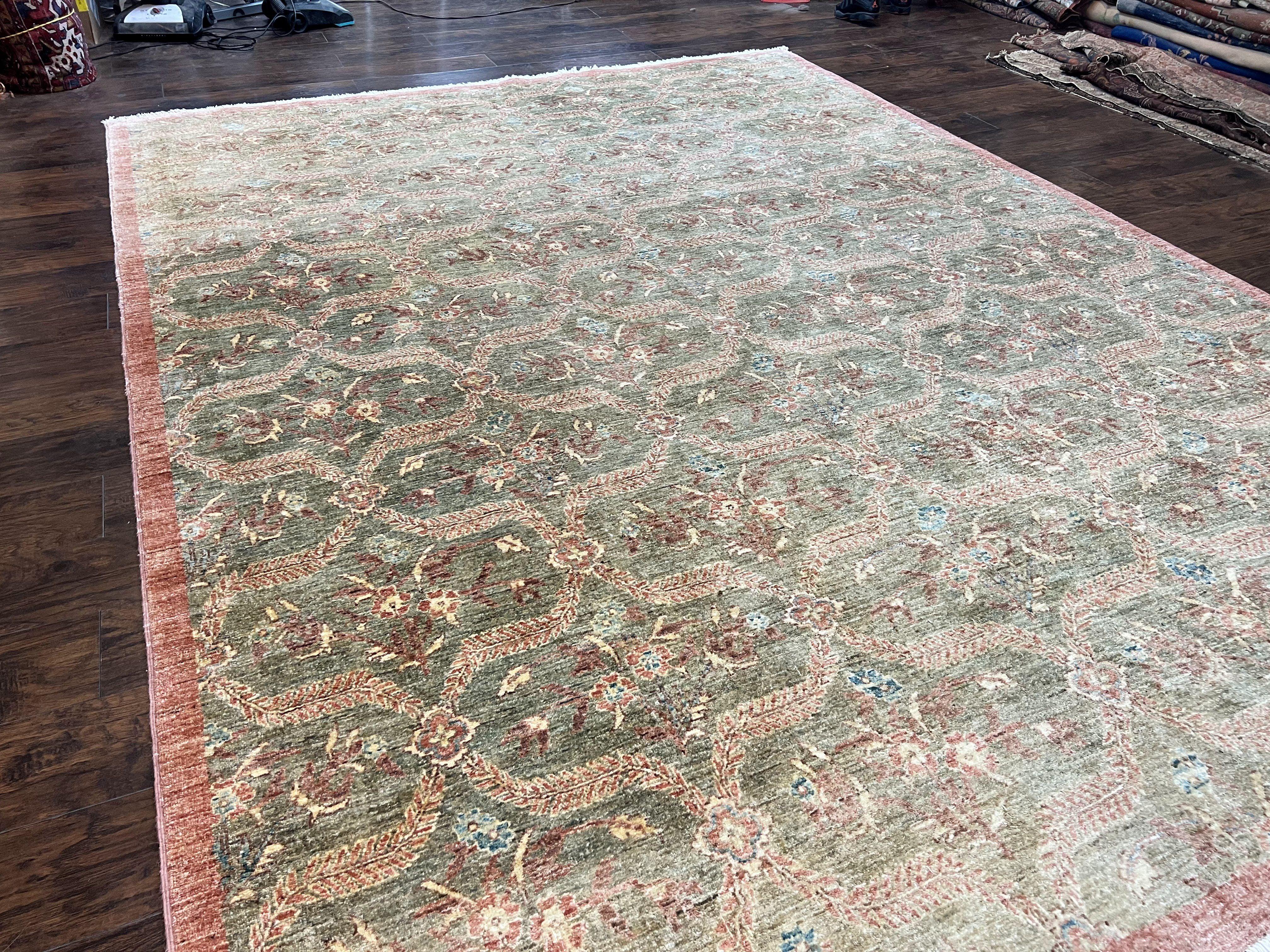 Large Modern Pakistani Rug 9x12, Handmade Wool Carpet, Peshawar Rug, Hand Knotted Oriental Rug, Contemporary, Floral, Light Green