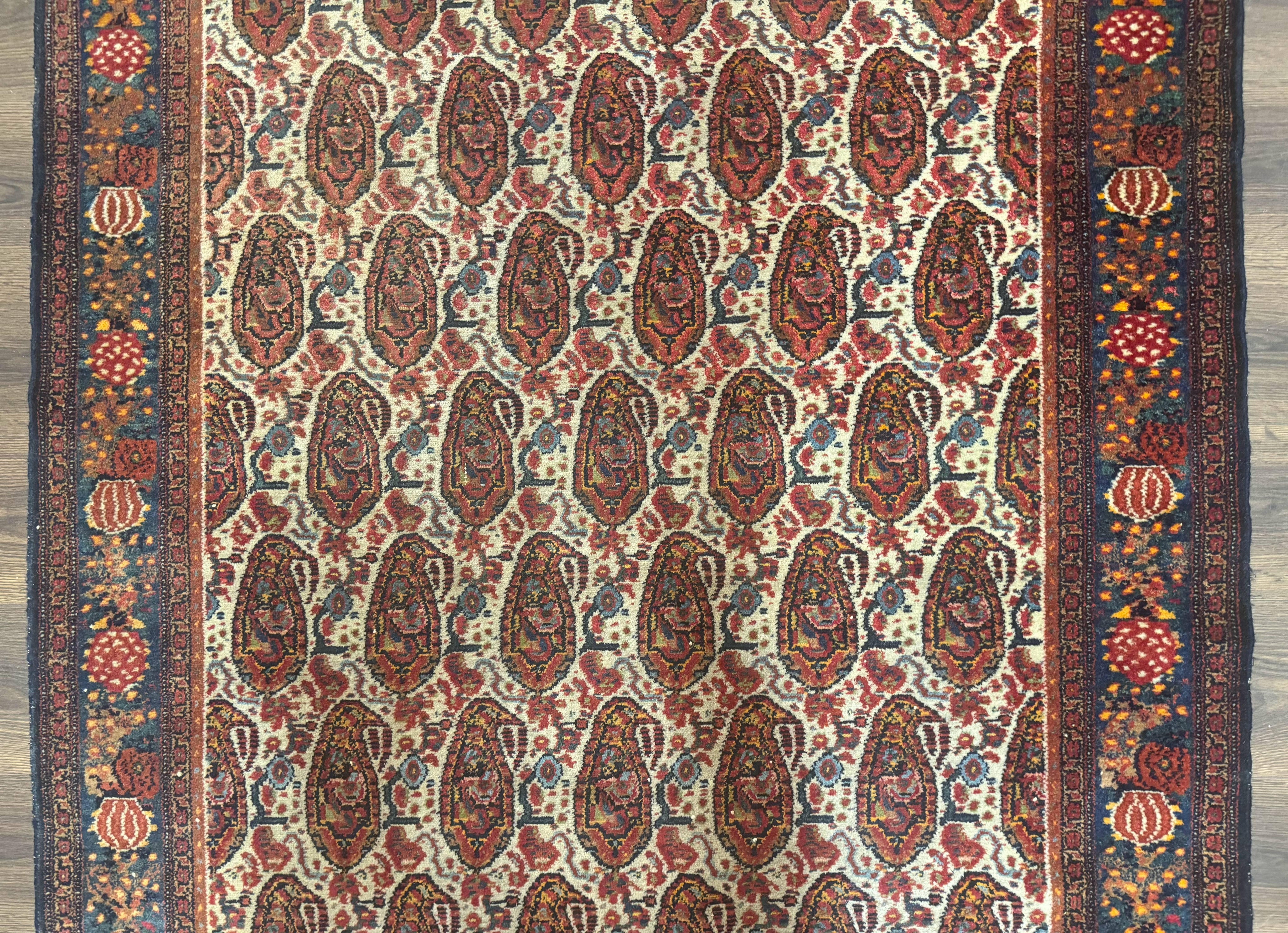 Antique Persian Kurdish Senneh Rug 4.6 x 6.5, Repeated Paisely Boteh Design, Handmade