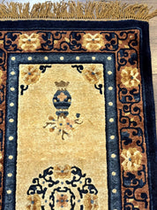 Silk Chinese Rug 2x4, Peking Carpet, Golden-Beige and Blue, Hand Knotted, Simple Design
