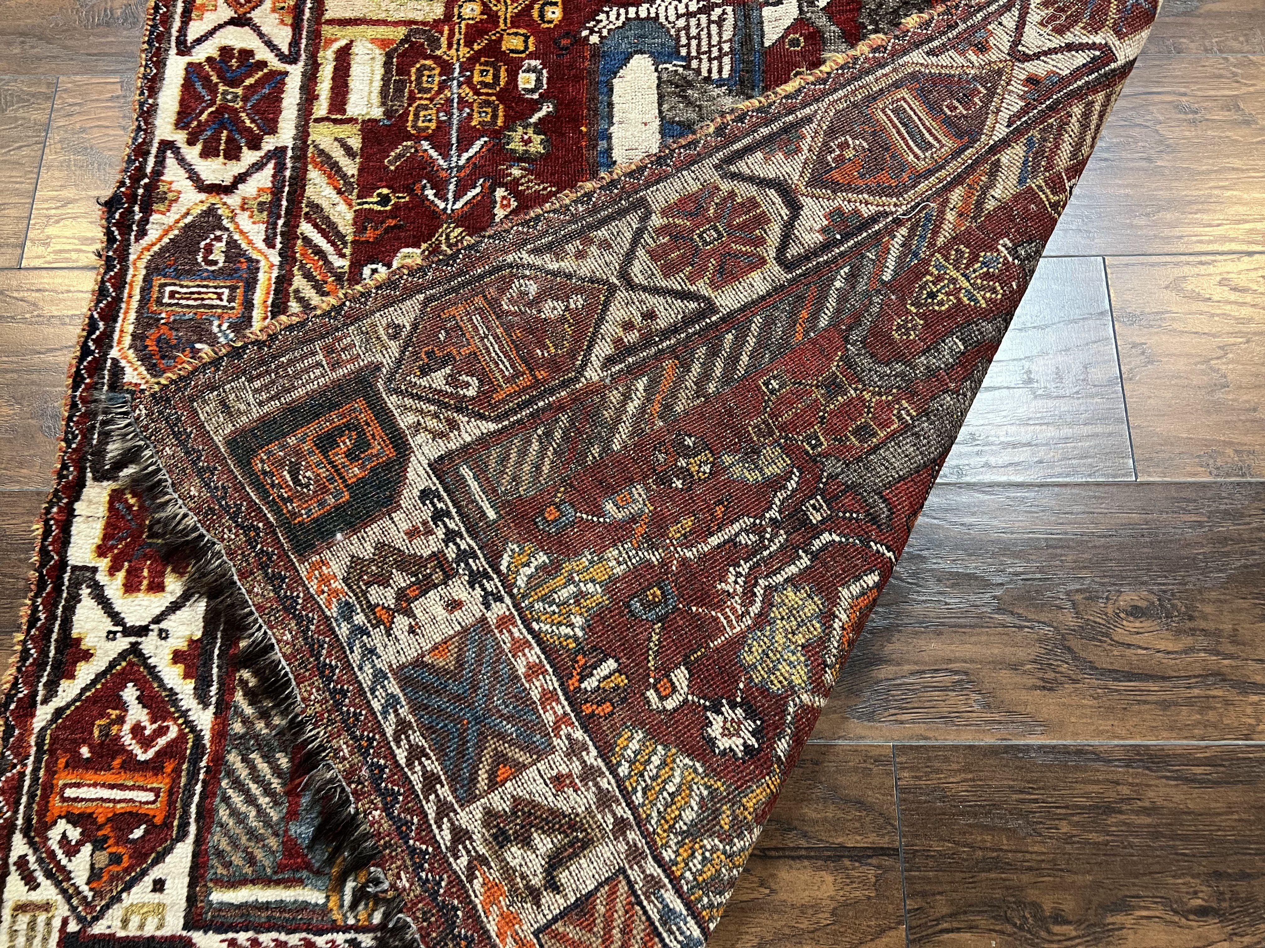 Antique Persian Shiraz Pictorial Rug 3.6 x 5, Persian Tribal Rug, Handmade, Lions, Highly Unique Collectible Small Persian Carpet, Maroon, Wool