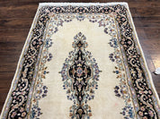 Persian Kirman Rug 4x7, Wool Hand Knotted Antique Carpet, Beige, Semi Open Field Medallion Rug, Traditional Handmade Oriental Rug