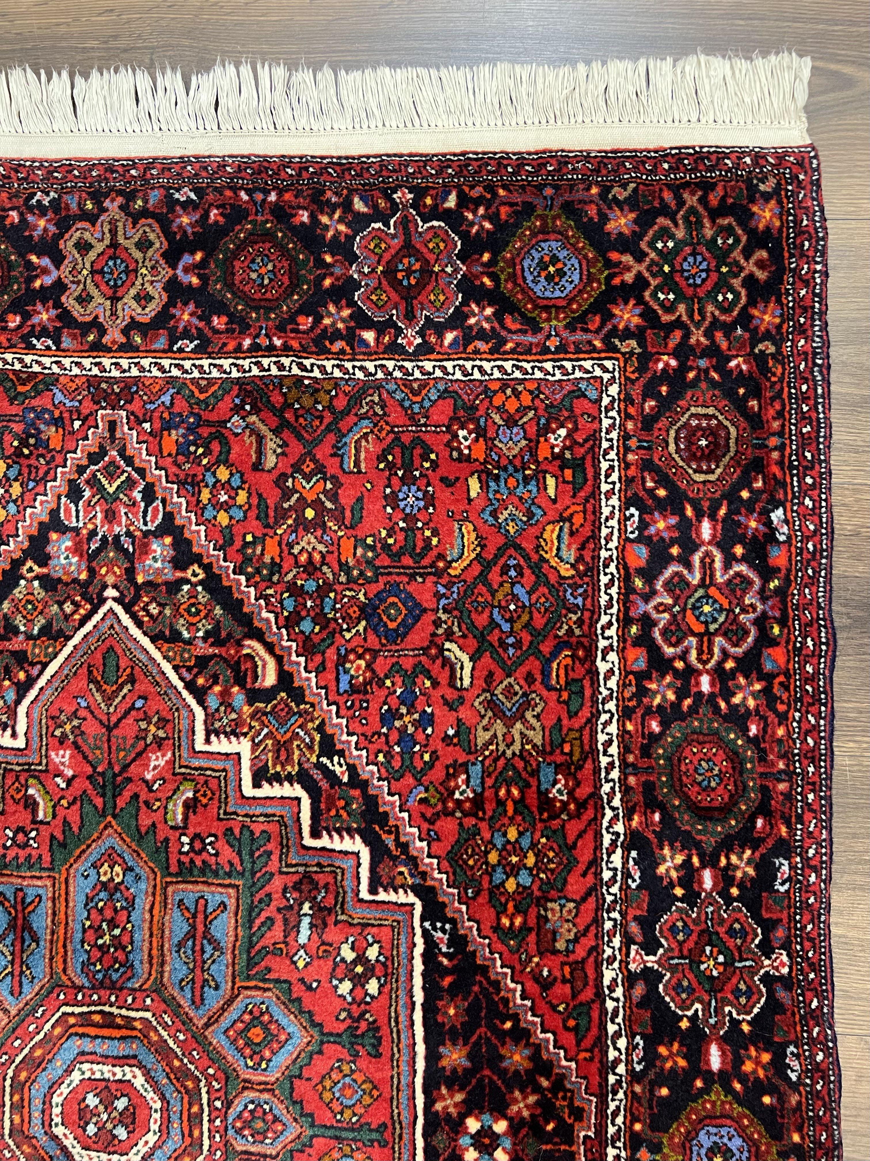 Fine Persian Bidjar Rug 3x5 ft, Ruby Red and Black, Geometric Medallion, Hand Knotted Semi Antique Oriental Bijar Carpet, Wool Area Rug, Tribal Rug