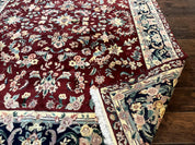 Indo Persian Rug 8x10, Floral Allover with Bird Pictorials, Maroon and Navy Blue, Handmade Wool Area Rug