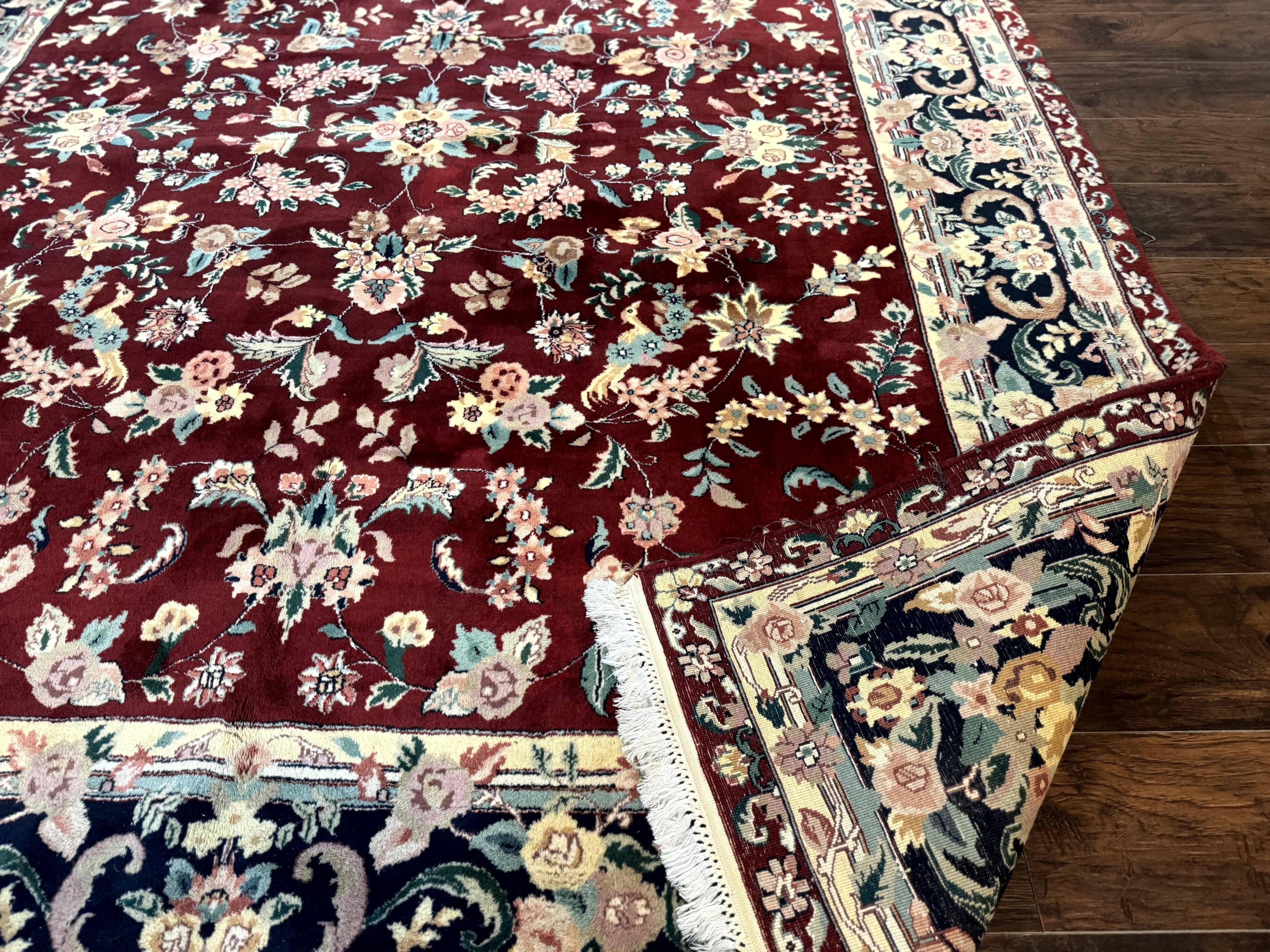 Indo Persian Rug 8x10, Floral Allover with Bird Pictorials, Maroon and Navy Blue, Handmade Wool Area Rug